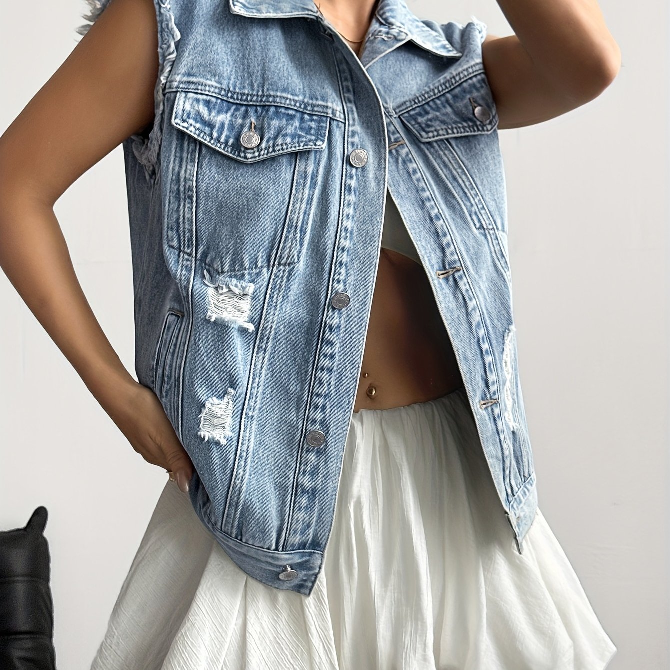 Women's Casual Washed Denim Sleeveless Ripped Frayed Jacket