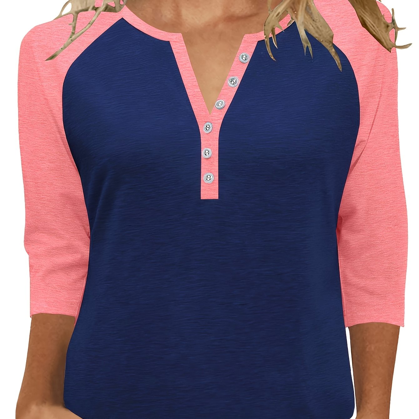 E-shop Plus Size, Damen Plus Size Frühling Sommer Herbst Top 3/4 Ärmel V-Ausschnitt Casual Color Block Elegantes Mode Knopf-T-Shirt