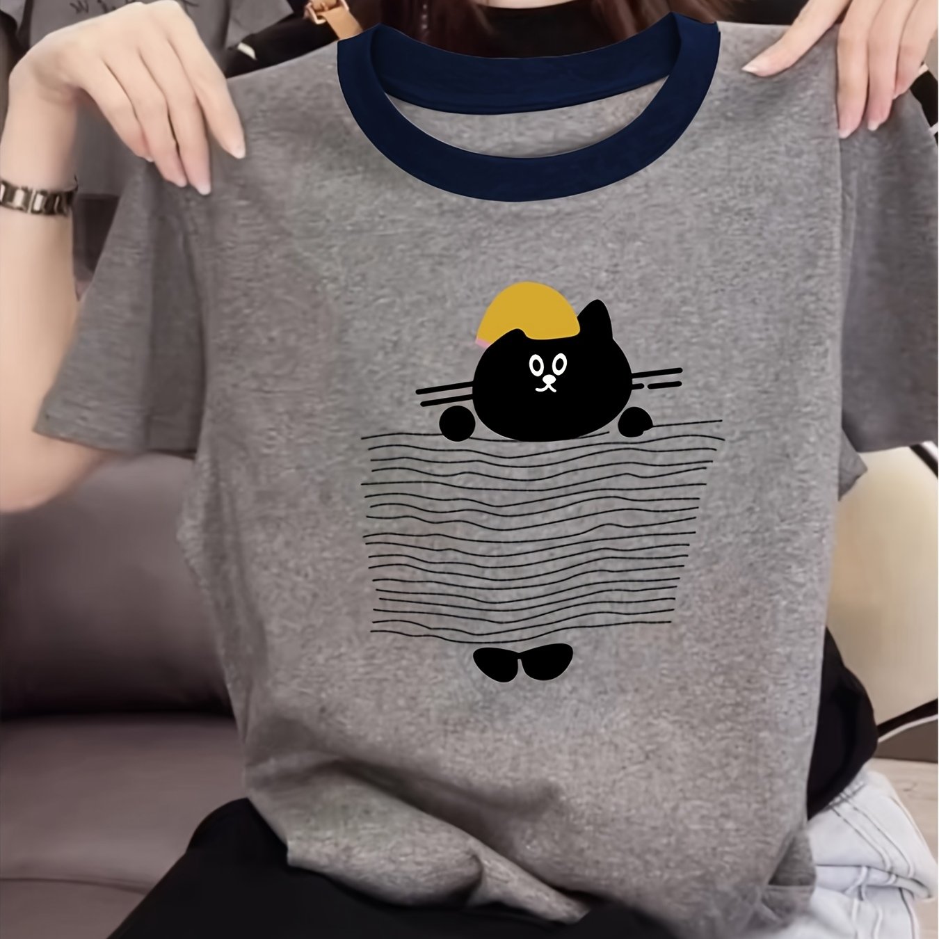 TEMU 봄/여름 심플 라운드넥 컬러 블록 패션 루즈핏 캐주얼 반팔 티셔츠 여성용 컬러 블록 프린트 패턴 탑