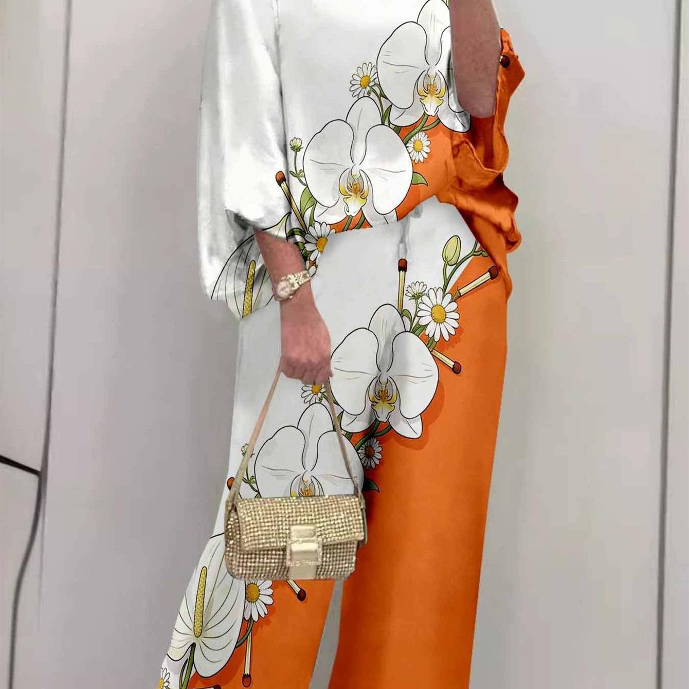 Image of Ladies' Spring, Summer, And Autumn New Product Urban Elegant Loose Color Flower Printed Bat Sleeve Pants Set, Casual Loose Printed 2pcs Set, Suitable For Wearing Home Furnishings , Summer, And Autumn