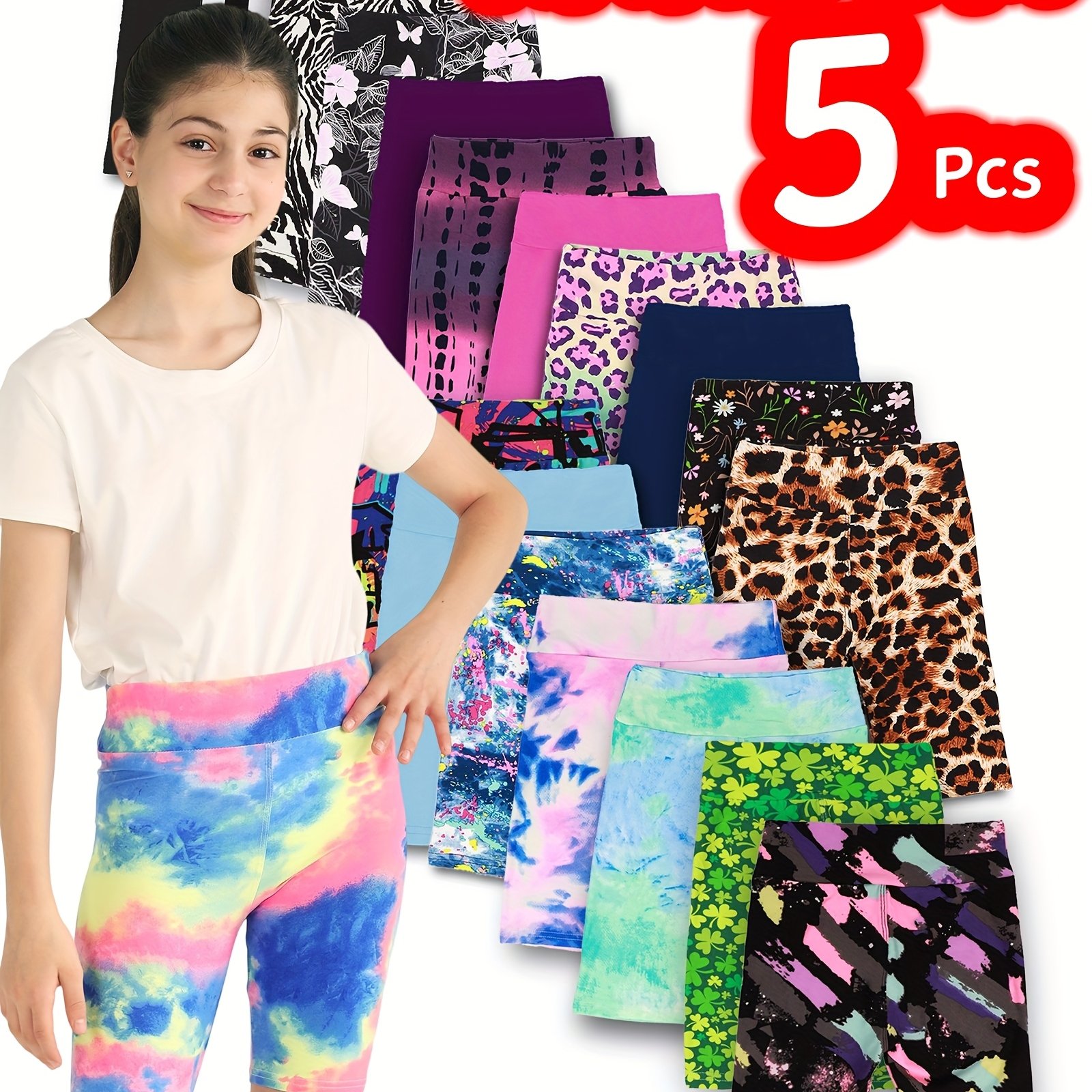 E-shop 5er-Set Mädchen-Sommer-Leggings, zufällige Auswahl, bedruckt, weich, mit hoher Taille, knielang, Stretch, für mittlere ältere Kleinkinder