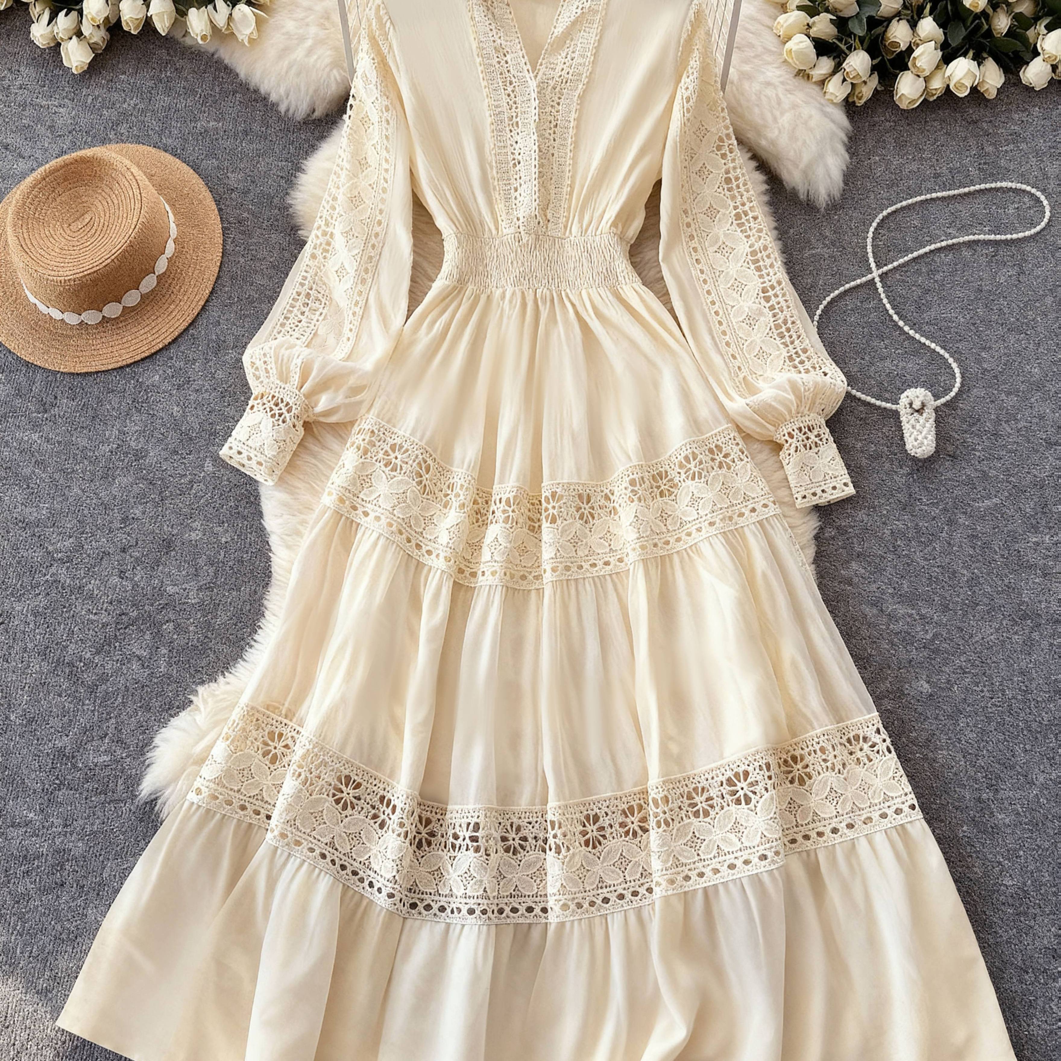 TEMU Women's V-neck Long Sleeve Lace Elegant Waist-cinching Dress
