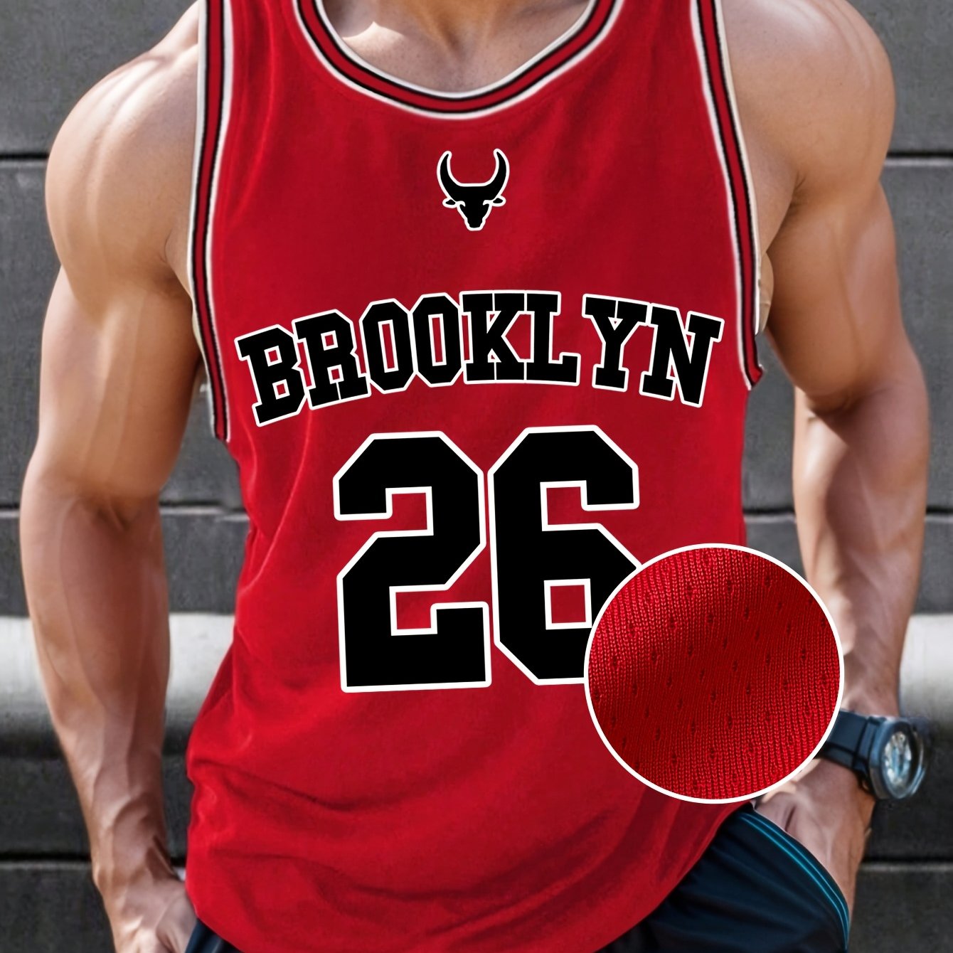 TEMU Camiseta deportiva sin para hombre Brooklyn con estampado digital, cuello , /verano, estilo universitario, casual, color liso, con parches,