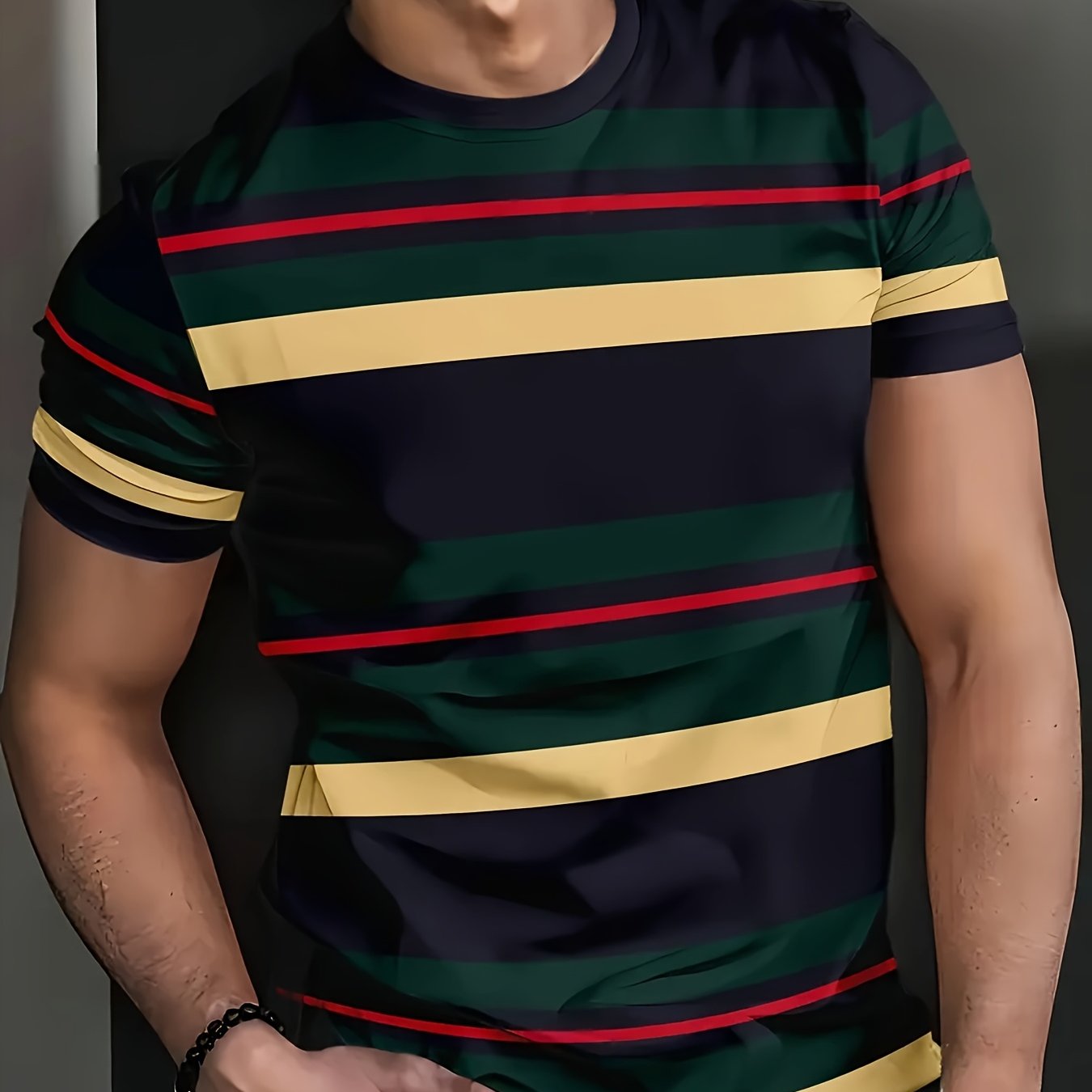 TEMU Plus Size Men's Casual Sporty Letter Stripe Print T-shirt - Crew Neck, Short Sleeve, Polyester Blend, Machine Washable - Perfect For Summer And