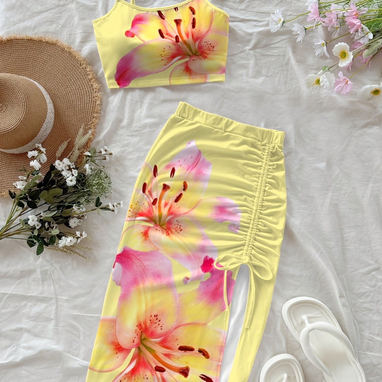 TEMU Women's Fashion Beach Positioning Print Lily Print Camisole Drawstring Slit Skirt 2pcs Set, Women's Casual Vacation Camisole Set