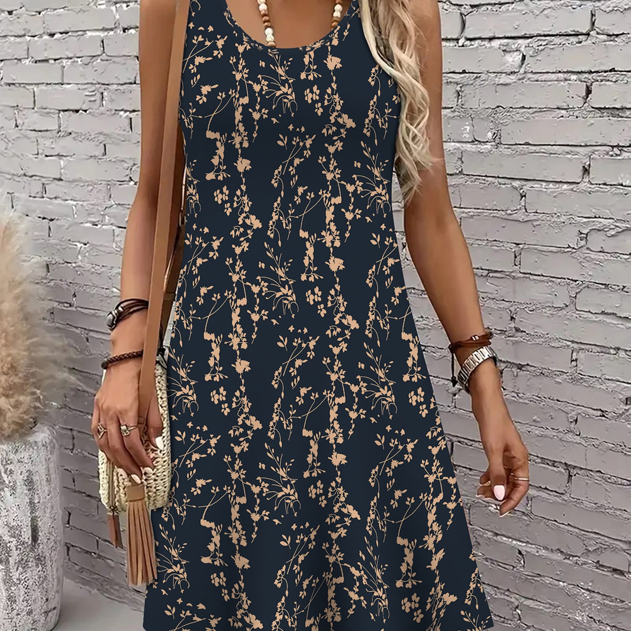 TEMU 2d Printed Elegant Casual Vacation Abstract Painting Small Floral Plant Leaf Stripe Graphic Breathable Round Neck Vest Dress, New Women's Casual