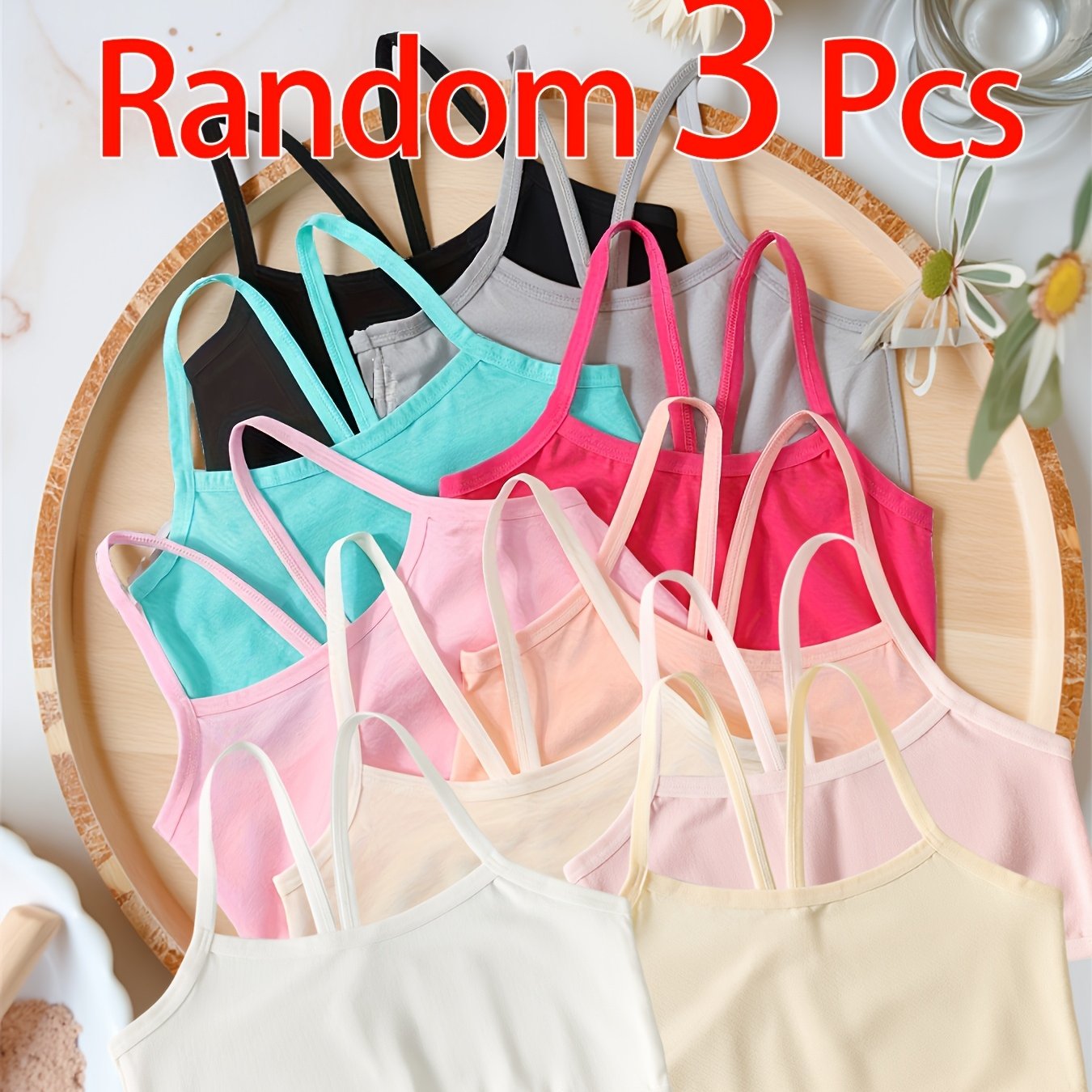 Image of Random 3-strip Pc 10-13 Year Old Girls' Bra Development Period Cami Underwear Summer Vest Base Camisole Wrap Bust Student Girls' Bra Elementary And Junior School Bra No Padding Solid Color Thin Straps