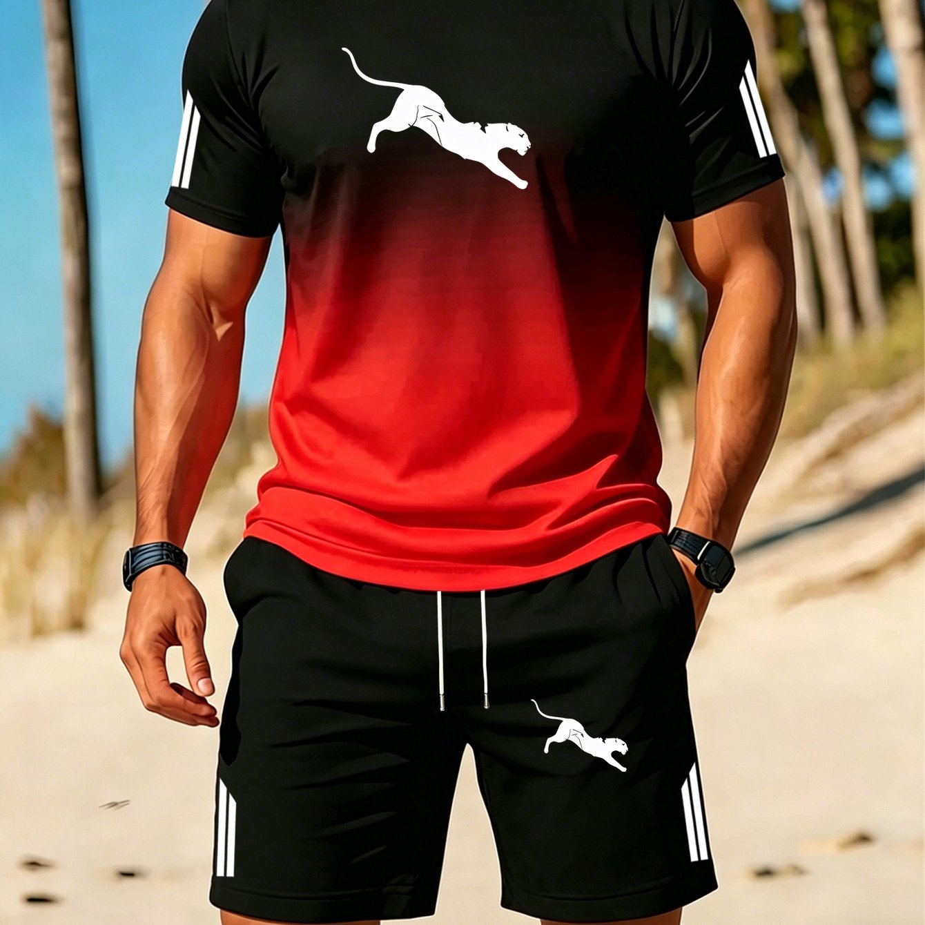 TEMU Completo sportivo casual da 2026, nuovo acquisto estivo, T-shirt sfumata a e shorts con coulisse, stampa leopardata street style, set due pezzi