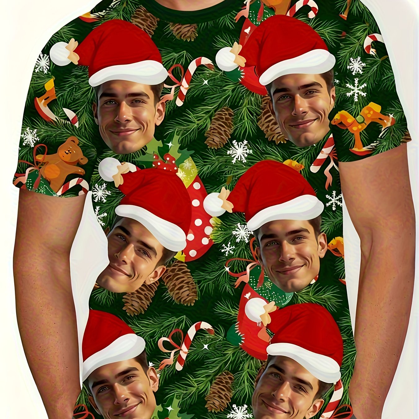 TEMU Men's Personalized Christmas Hawaiian Shirt With Custom Face And Santa Claus Face Print - Vibrant Short Sleeve Summer Party Shirt, Front Button
