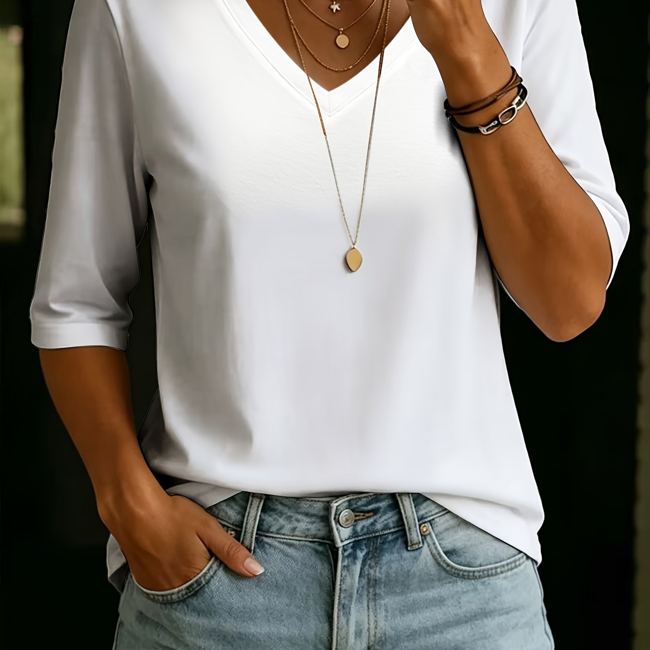 TEMU T-shirt da donna elegante con scollo a V, design a , maniche a met� lunghezza, versatile e perfetta per gli spostamenti quotidiani, per