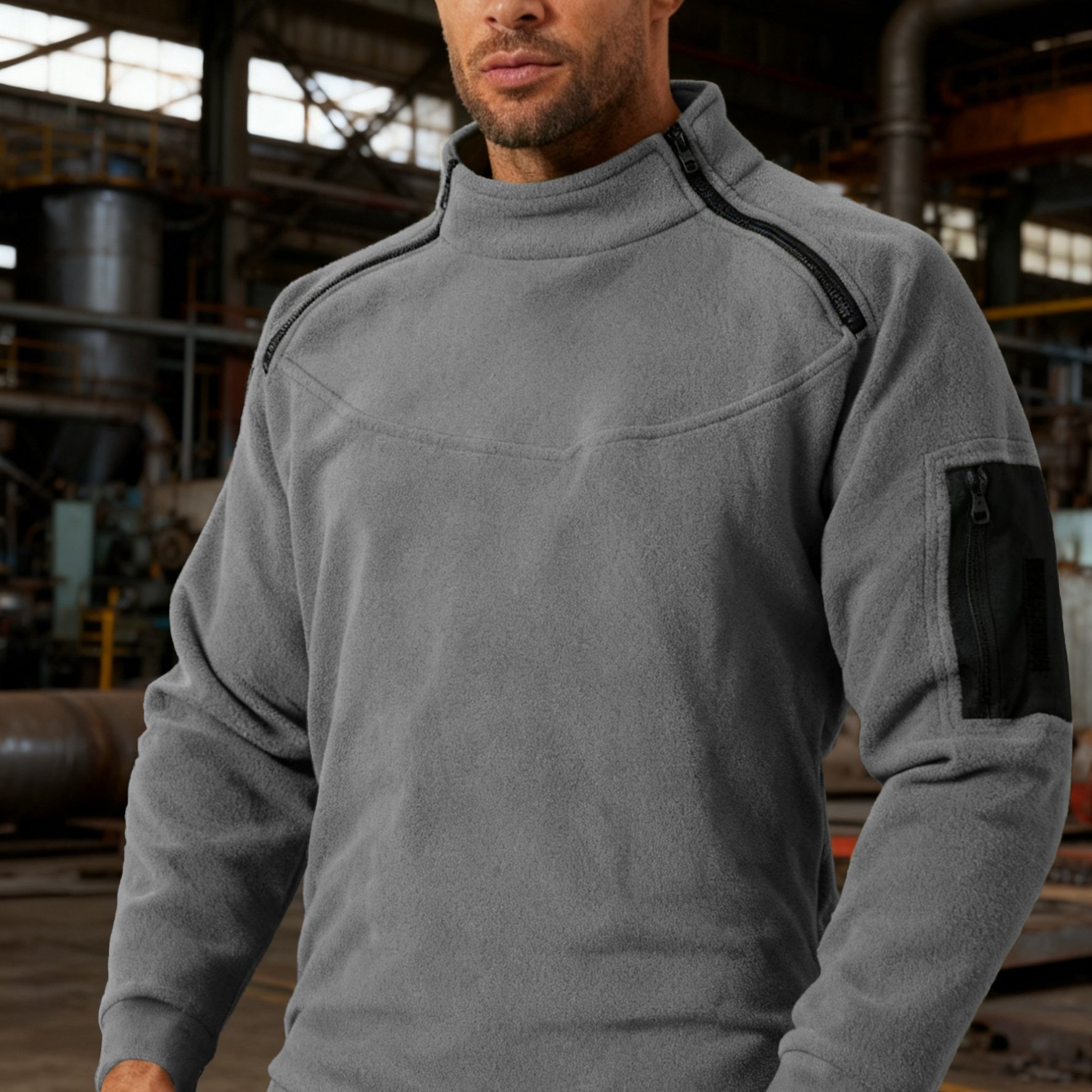 TEMU Autumn/winter Plus Size Men's Outdoor Tactical Style Top With Dual Zipper Pockets And Contrast , Suitable For Sports, Outdoor Activities, And