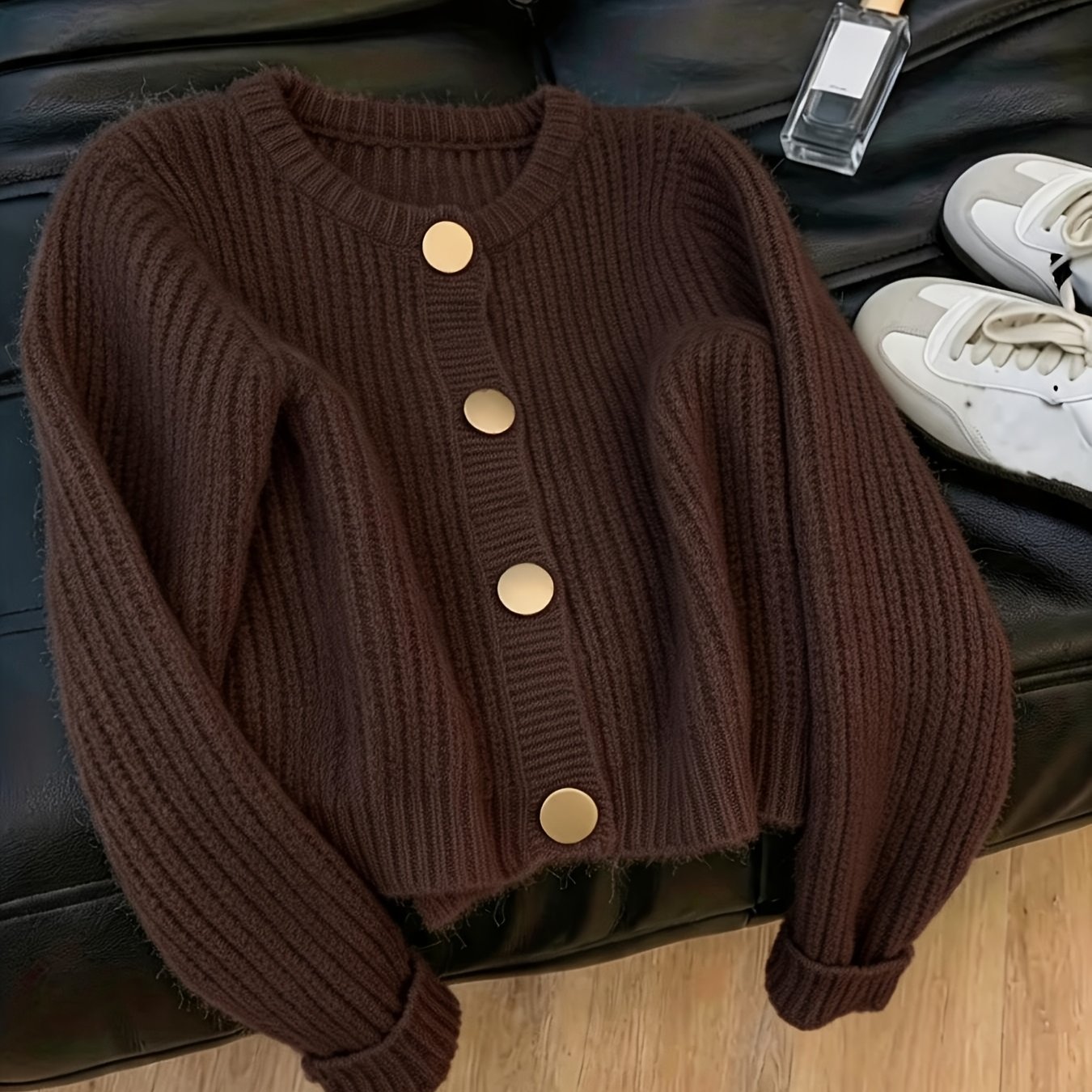 TEMU Vertical Pit Strip Round Neck Cardigan Women's Large Round Metal Single-row Button Long Sleeve Soft Fluffy Vintage Versatile Sweater Coat
