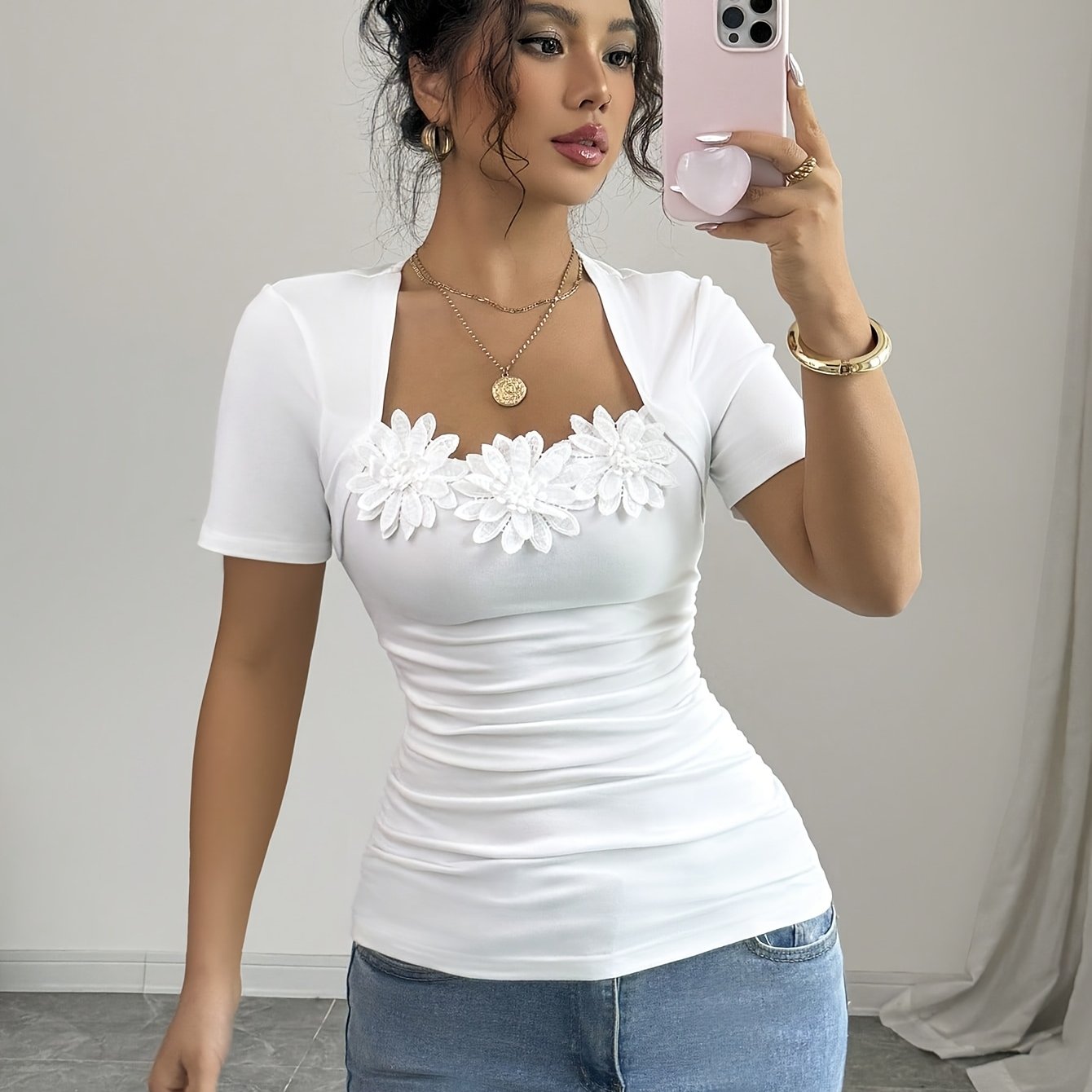 TEMU Women's Elegant 3d Floral T-shirt - Solid Color Blouse Style Suitable For , Medium Stretch Non- Top, Machine Washable Opaque Shirt For Casual &