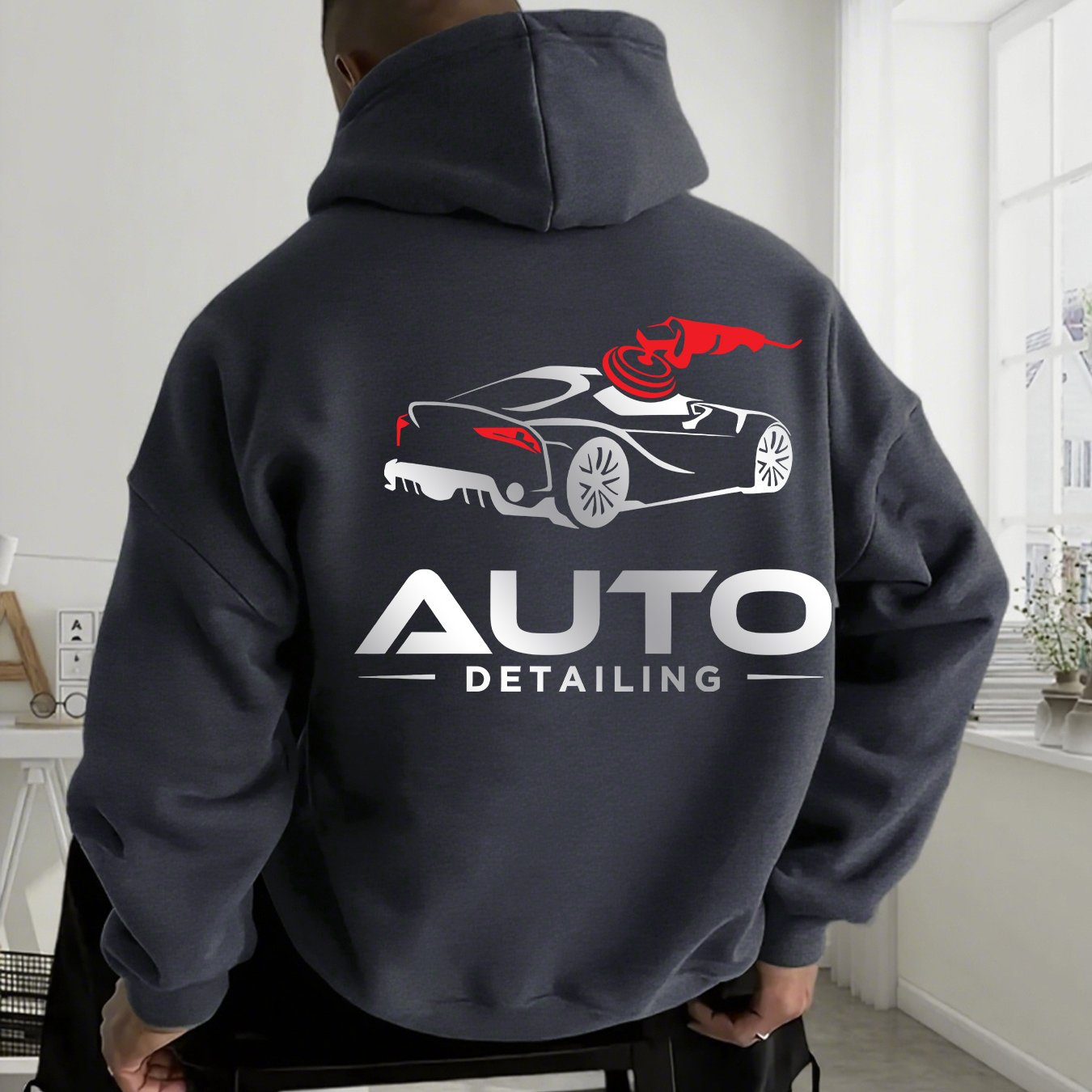 TEMU Men's Hoodie - Red Automotive Graphic Sweatshirt, Auto Detailing Text & Back Print, Casual Pullover Hoodie For Car Enthusiasts & Detailing