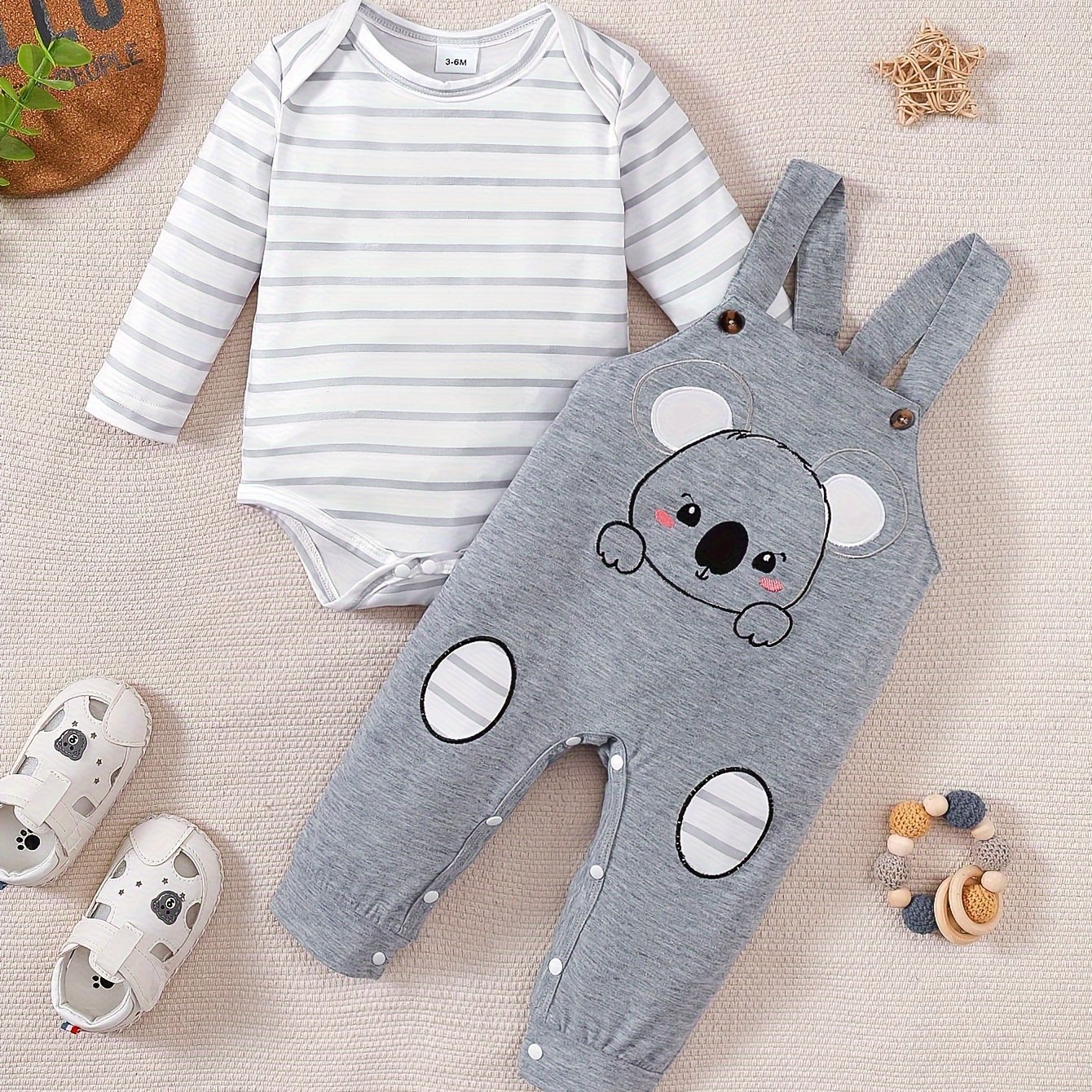 Baby Boy's Romper Set, Knitted Round Neck Striped Top + Panda Print Fake Patch Print Overalls Set, For Outdoor