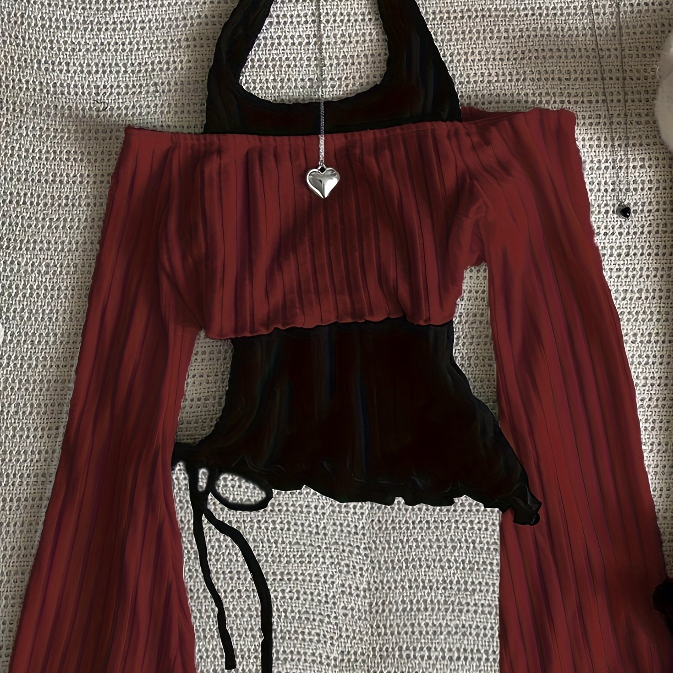 TEMU 2026 New Arrival, Christmas And Valentine's Day New Style, Spicy Style Long Sleeve Top, Color Block Spliced Halter Neck Flare Sleeve 2-in-1 Look