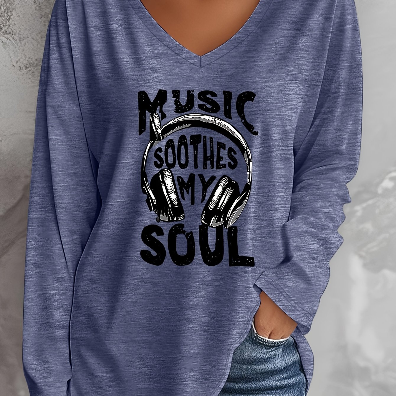 TEMU Grande Taille - Grande Taille - Nouvelle Mode Printemps et Été Grande Taille Femme Lettre "La Musique Apaise Mon Âme" Imprimé Casque Décontracté
