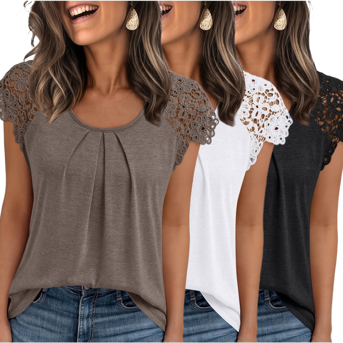 E-shop Dreiteiliges Damen-Casual-Oberteil-Set, Modisches Business-Shirt mit Spitzenbesatz, Elegantes Rüschen-Kurzarm-T-Shirt