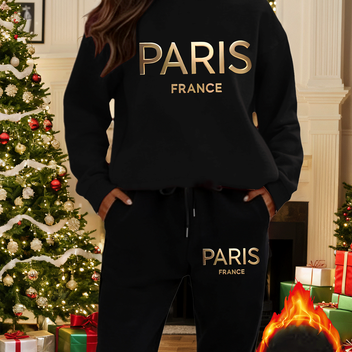 TEMU 2pcs Thick Creative Golden Letter Paris Printed Y2k Style New Elegant Women's Sportswear Casual Autumn And Winter Round Neck Fleece Long Sleeve