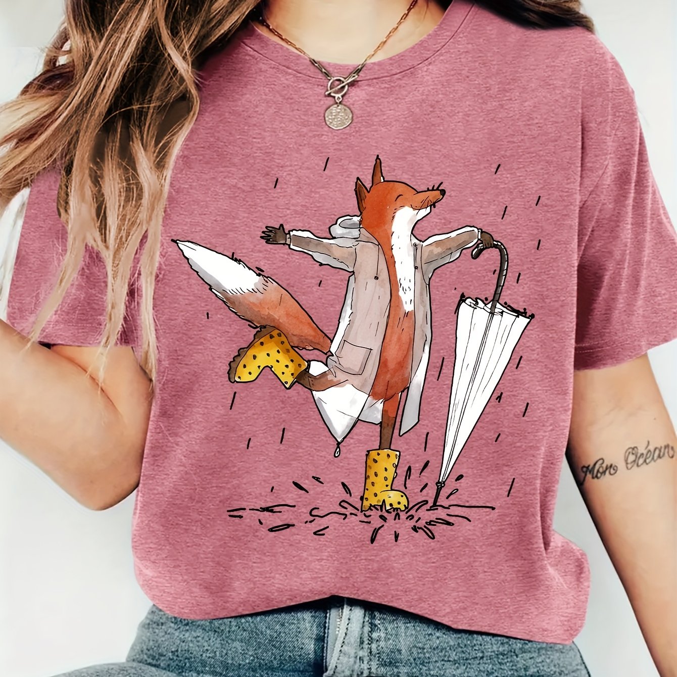 TEMU Women's Autumn Clothing, Fox Print Early Style Round Neck Short Sleeve T-shirt, Comfortable Soft Fashion Elegant Retro Casual Versatile Spring