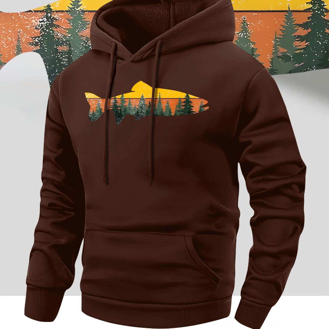 TEMU Fish-shaped Forest Scenery" Print Men's Casual Hoodie Long-sleeve Pullover, Front Pocket, Machine Washable, Autumn/winter Warm Sweatshirt, Daily