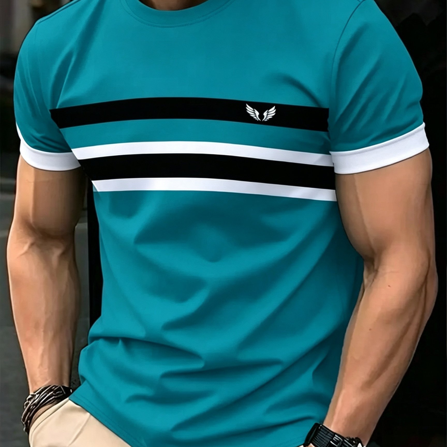 TEMU [printed Design - Not Textured] Men's Creative Fashion Casual Printed T-shirt, Summer Men's Color- Horizontal Stripe Print T-shirt, Lake With