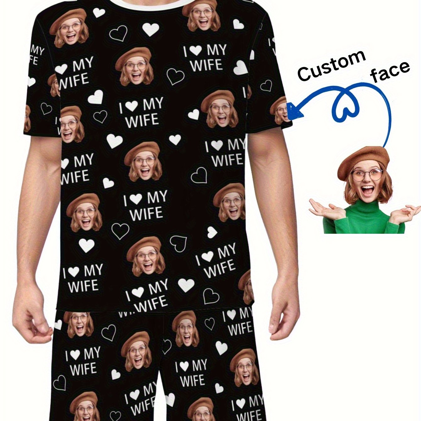 TEMU Men's Summer Custom Photo Pajama Set, Soft And Breathable Round Neck T-shirt With Shorts, Wear, Ideal Gift For Husband Or Boyfriend