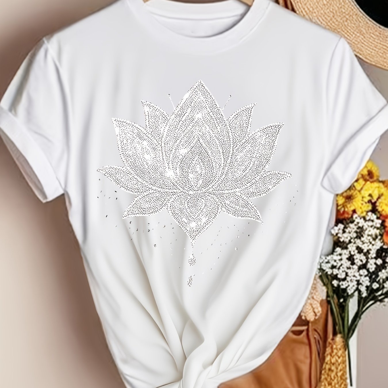 TEMU Women's Lotus Print T-shirt, Casual Short Sleeve Crew Neck Top, Boho Graphic Tee, Summer Fashion