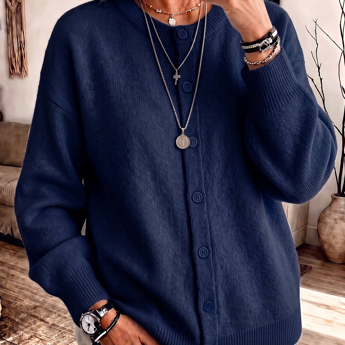 TEMU Autumn/winter Solid Color Crew Neck Button-up Cardigan, Loose Fit Casual Fashionable Versatile Cardigan, Soft Comfortable Elegant Women's Top