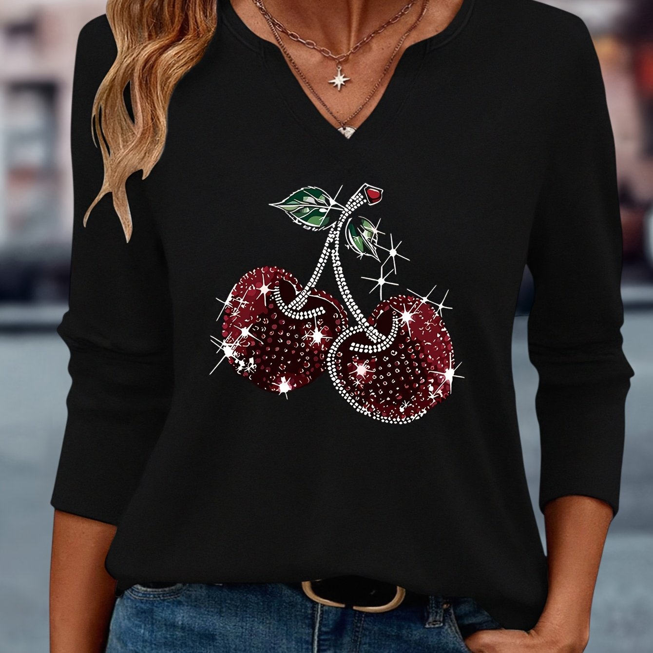 TEMU T-shirt décontracté à col en V et manches - pour femmes, imprimé motif cerises, style facile et confortable