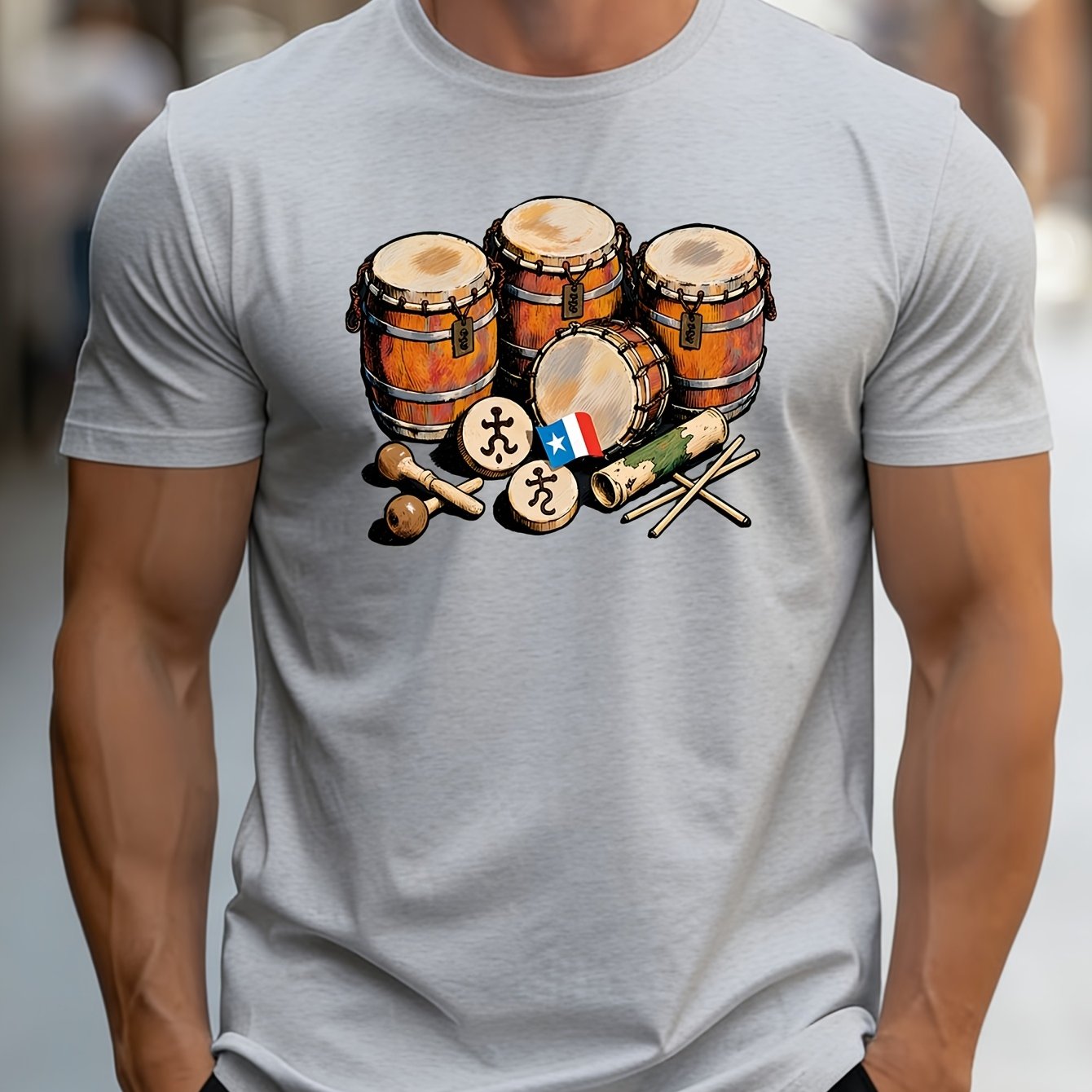 TEMU Men's T-shirt - Conga Drums & Maracas Chest Print, Breathable High-stretch Fabric, Crew Neck Short Sleeve Shirt Suitable For Music Lovers, Latin