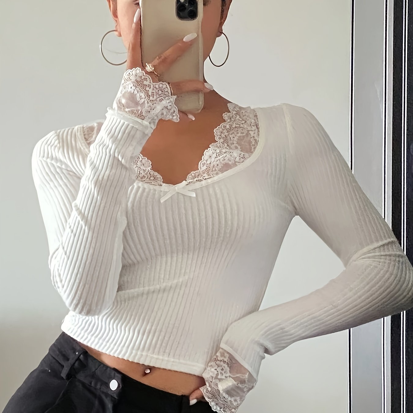 TEMU Women's Autumn/winter White Ribbed Lace Spliced Bow Slim-fit Long Sleeve T-shirt Top