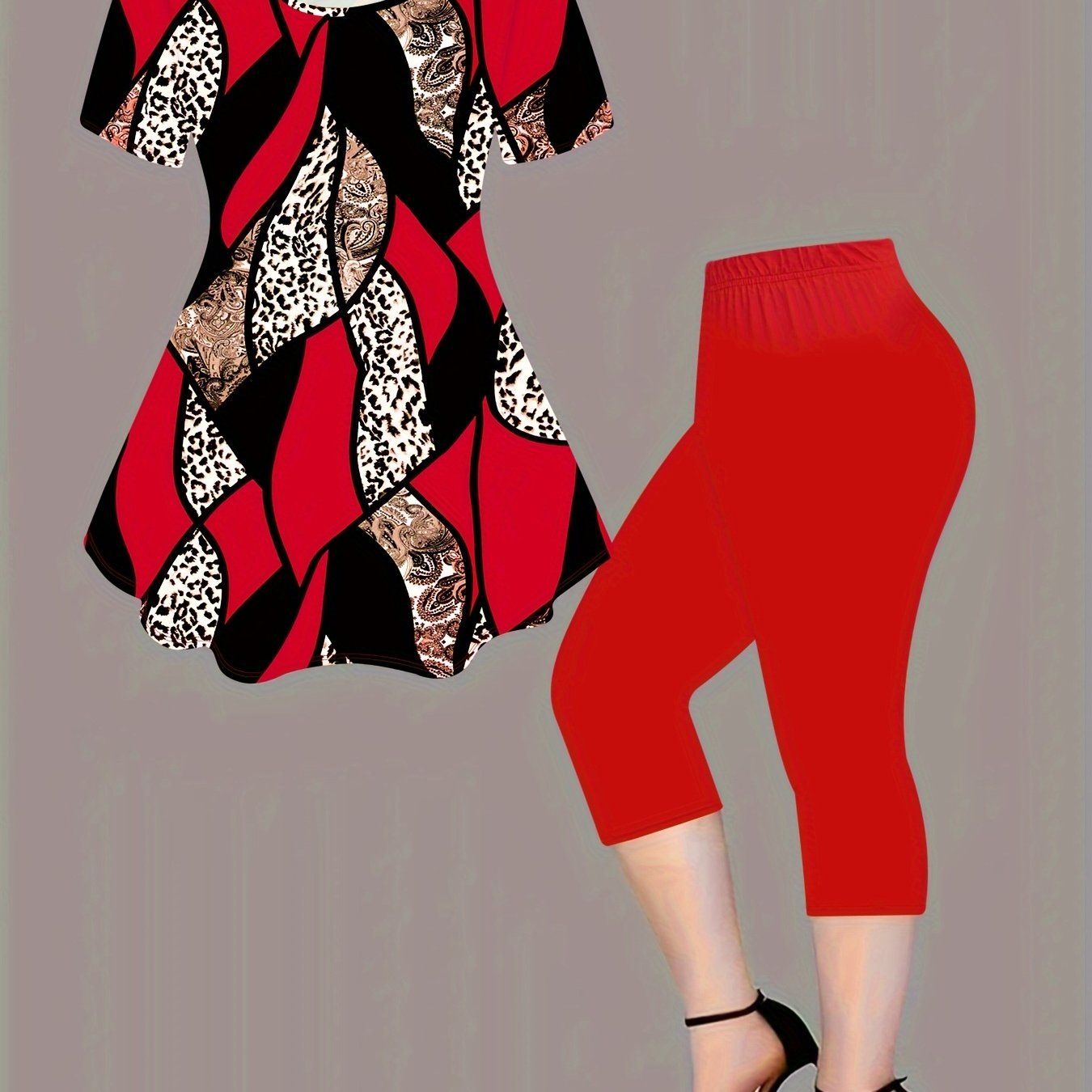 TEMU Print & Solid Color Red Outfit - Crew Neck Short Sleeve Top With Flowy Hem + Stretchy Capri Pants Set, Polyester/elastane Blend, Machine Washable - Spring/summer