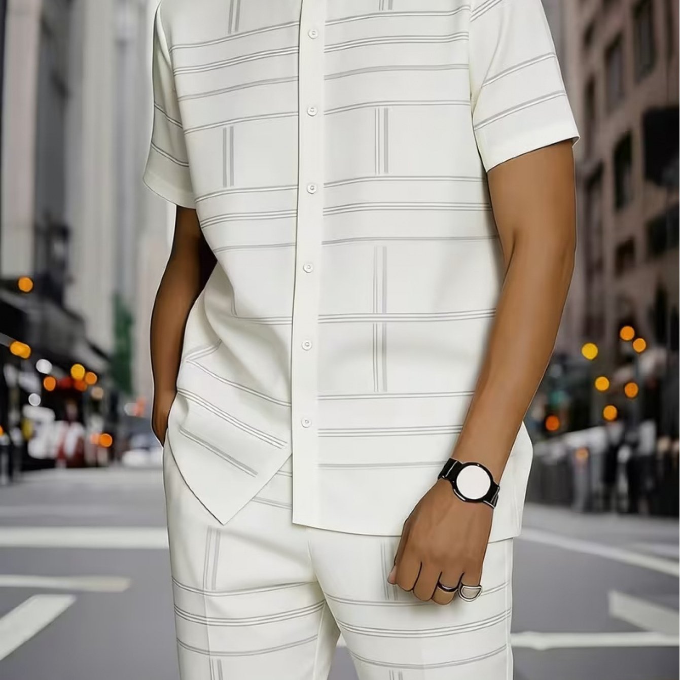 TEMU Two-piece Set, Including A New Short-sleeved Collar Shirt And Casual Long Pants, Featuring A Geometric Art Design. Very Suitable For Vacations,