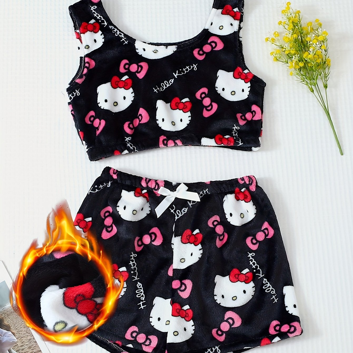 E-shop Damen Pyjama Set, Weiches, bequemes Rundhals-Top mit Schleife und Plüsch-Shorts, lässiges Freizeit-Set für Zuhause
