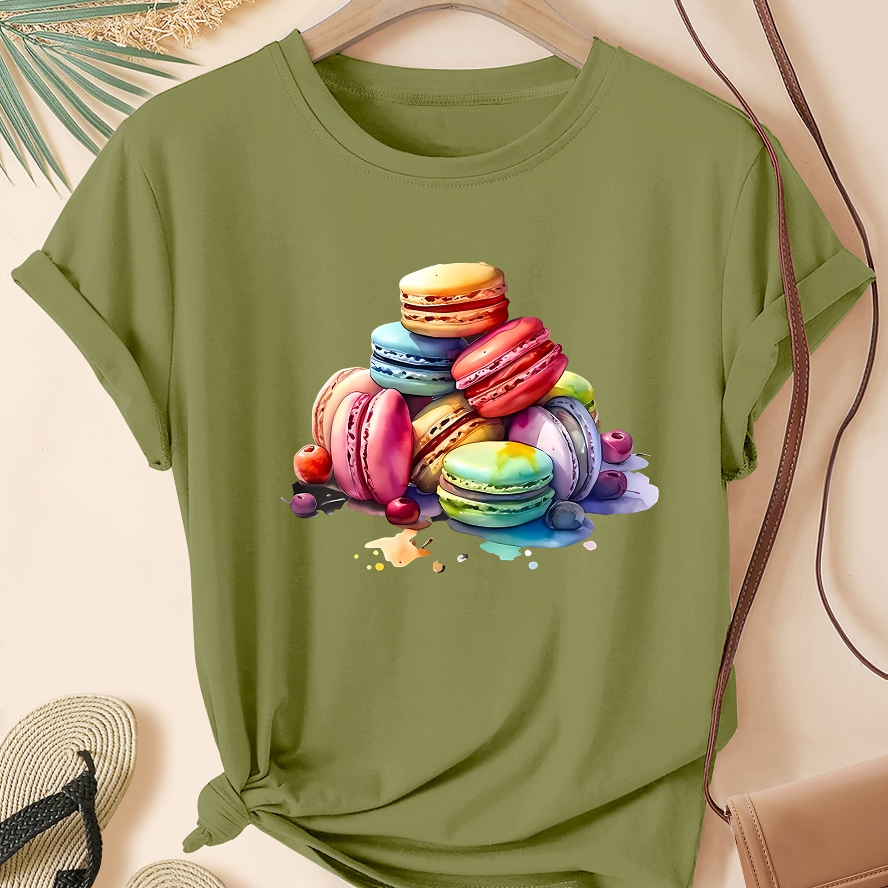 TEMU Macaron Dessert Style Women's Top Summer Round Neck Short Sleeve Sports Casual T-shirt -xxl