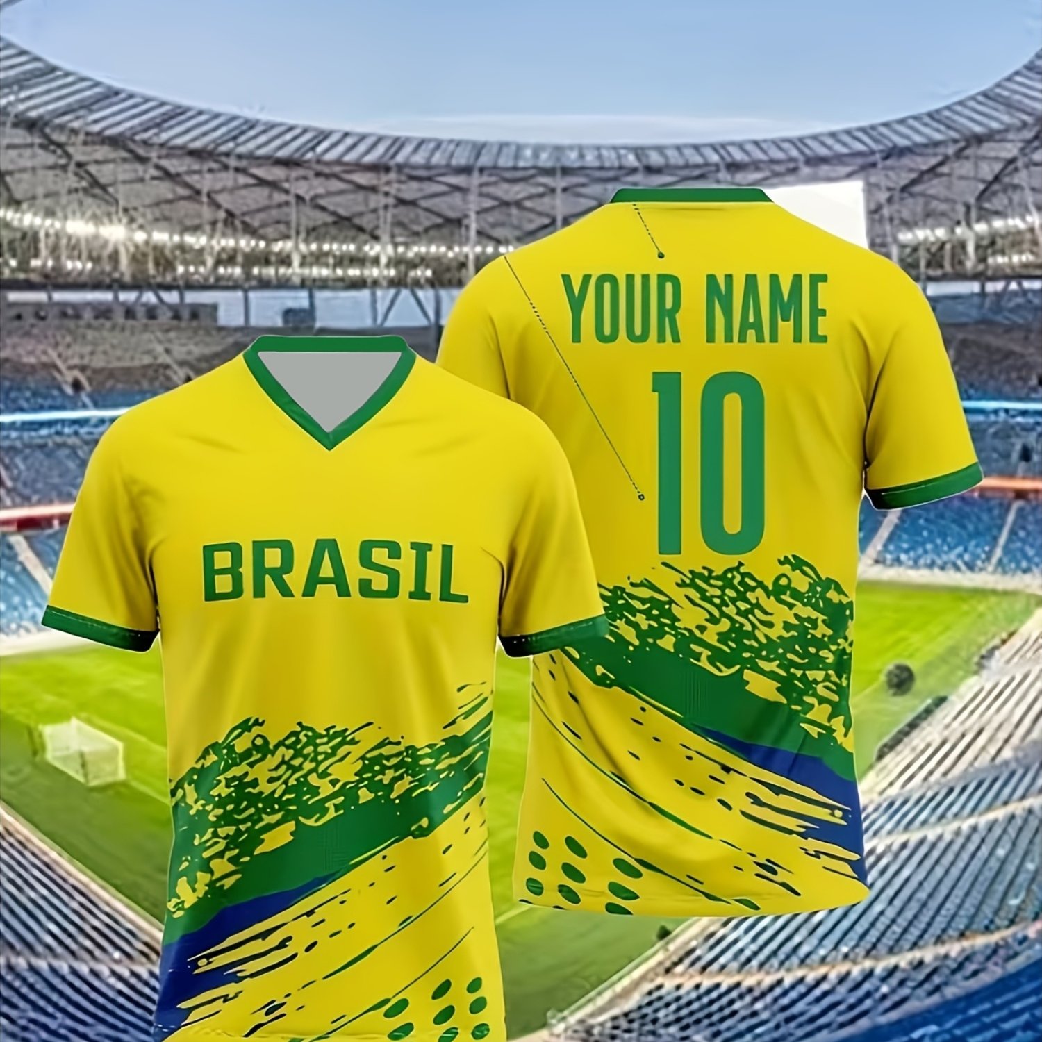 TEMU 1pc Custom Themed Soccer Jersey: Vibrant Yellow With Pattern. Perfectly Showcases Your Passion For Football. We Full Customization - Add Names,