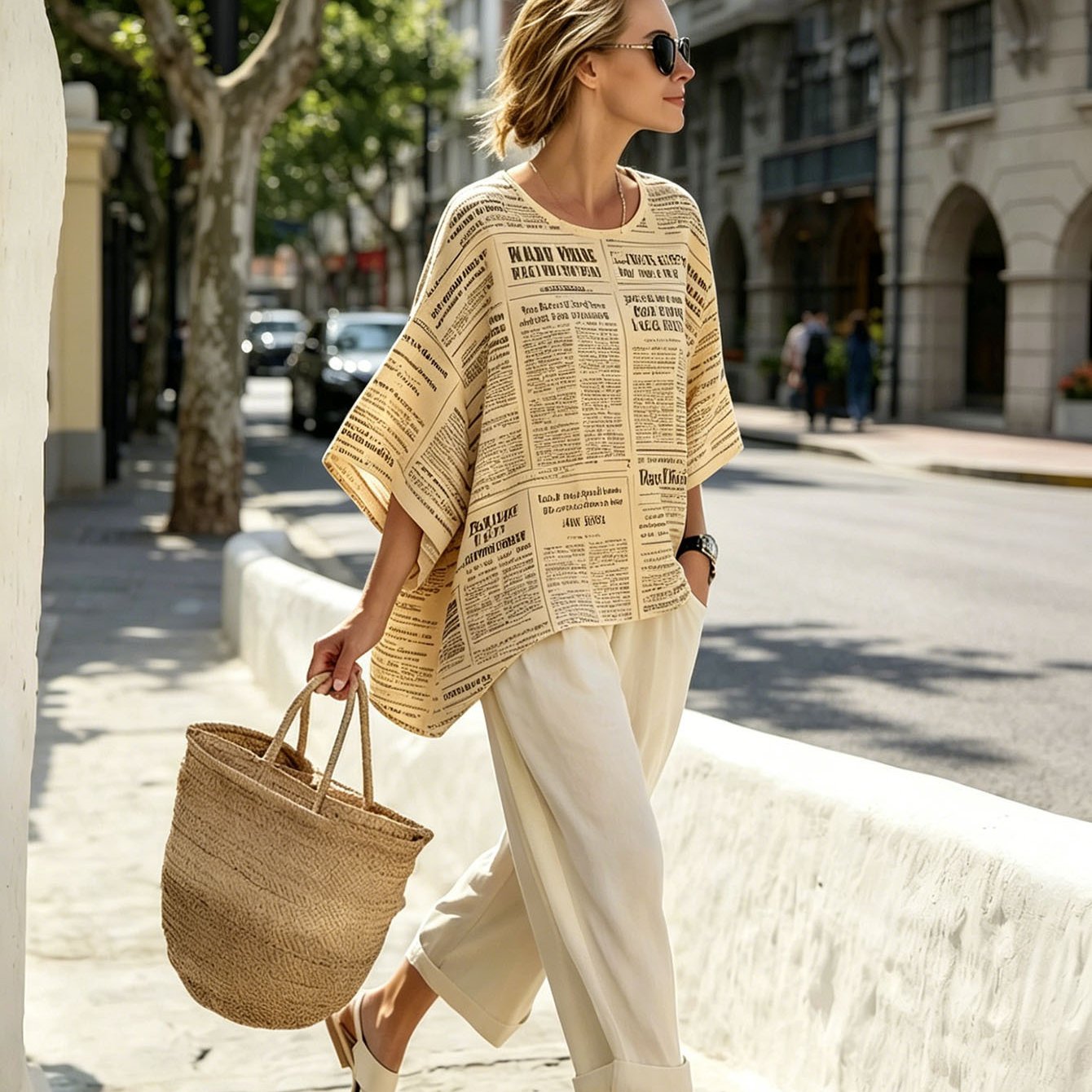 Image of Women's Outfit: Fashionable Newspaper Print Loose Top With Easy Casual Pants Two-piece Set. Suitable For The Beach, Parties, And Everyday Wear. Breathable And Loose Fit