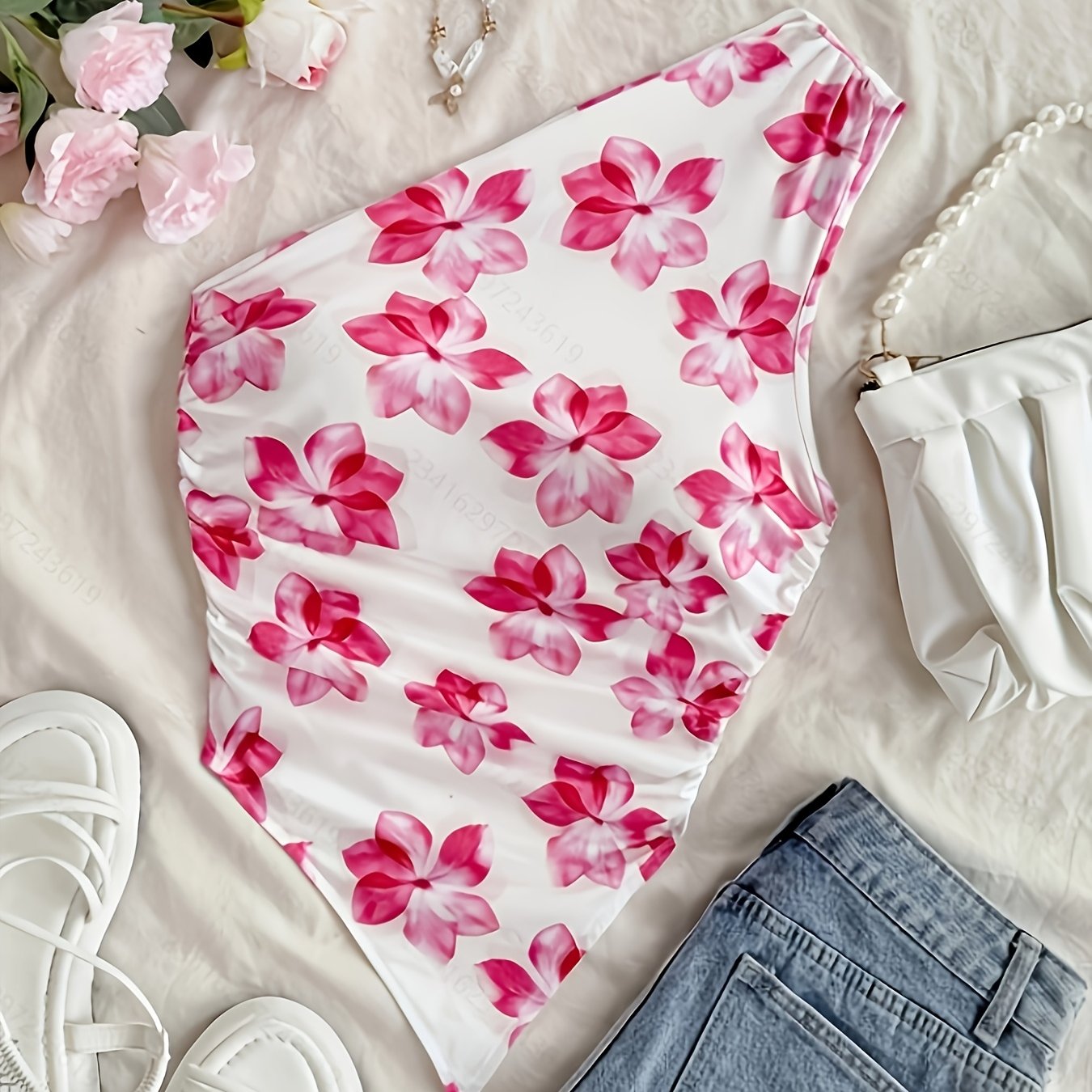 TEMU Summer Asymmetrical One-shoulder Floral Top For Women, Featuring A Pink âone-shoulder Printed Top