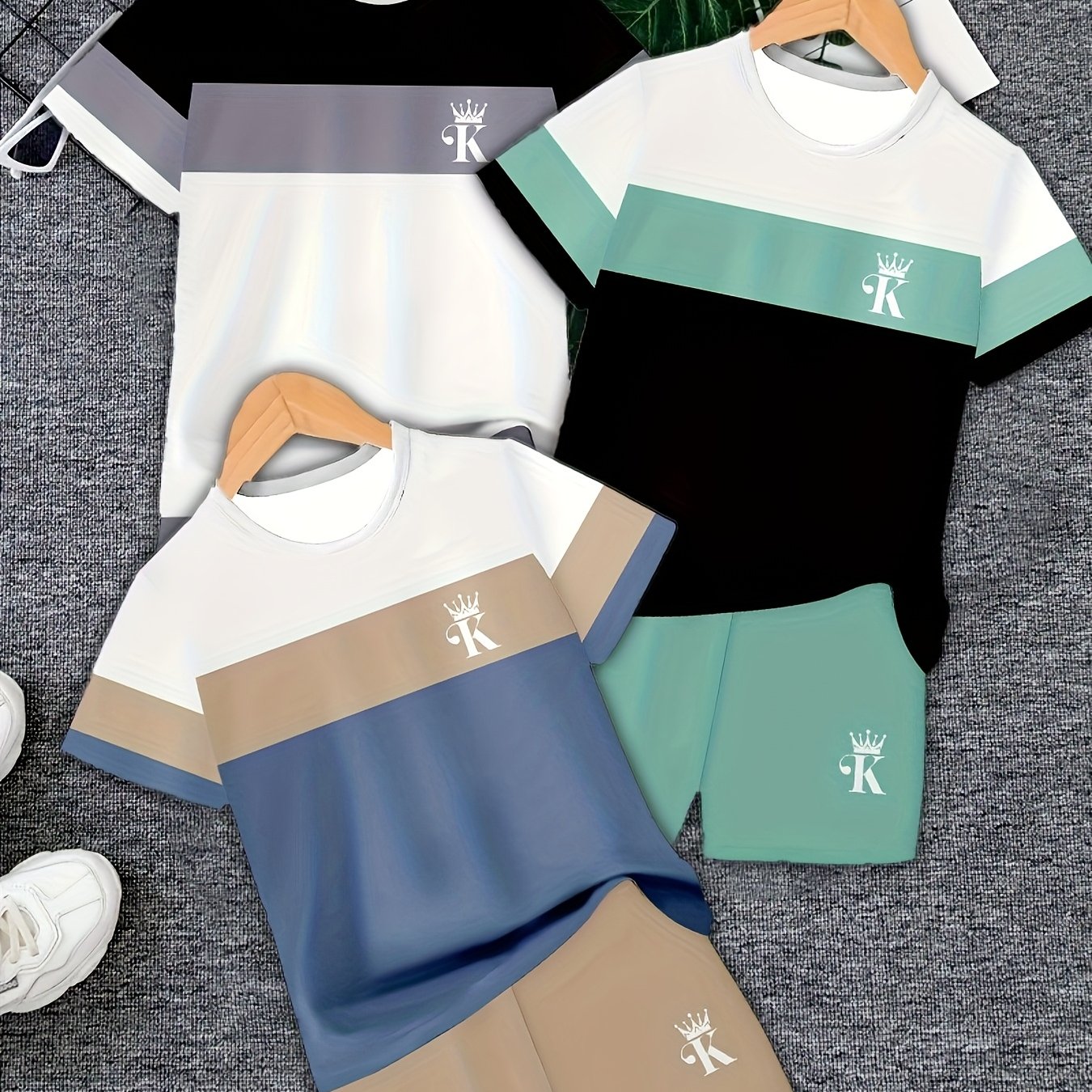 6-pc, Boys Printed Casual Short Sleeve Shorts T-shirt Spring Summer Pullover Short Sleeve Shorts, Boys Outdoor Sports Top With Shorts Set, For Outdoor