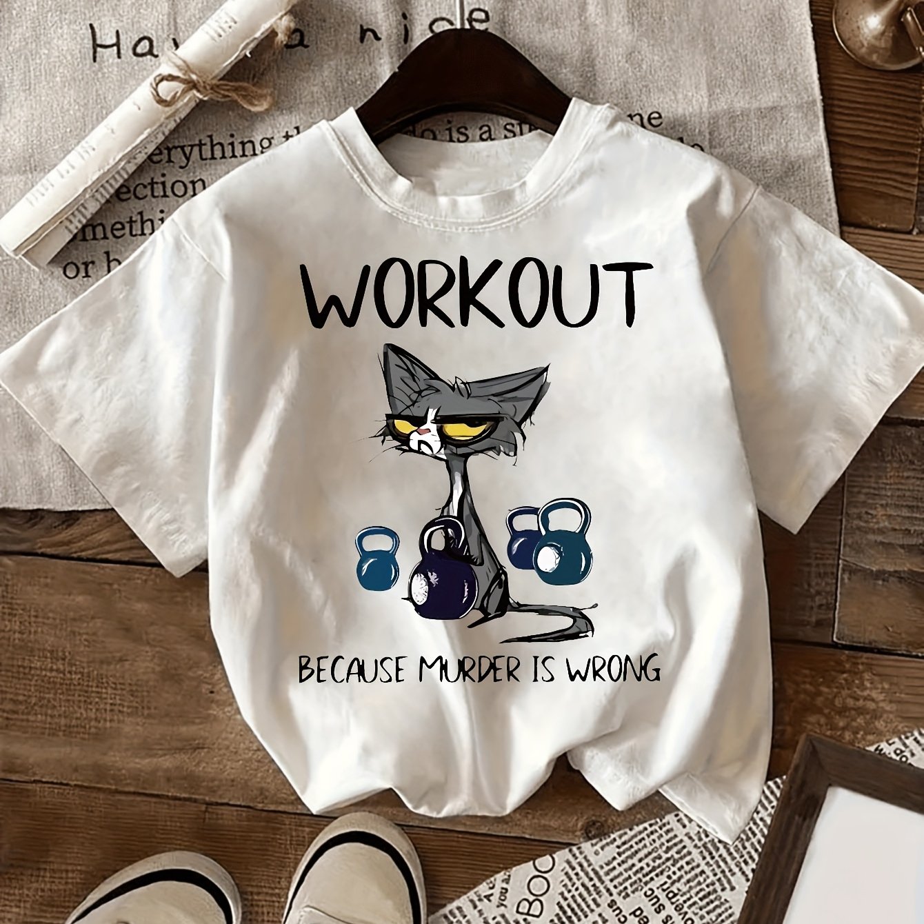 TEMU Women's Workout T-shirt "workout Murder Is " Cat & Kettlebells Graphic - Black Casual Short Sleeve Round Neck Tee, Fit, Machine Washable, Gym &