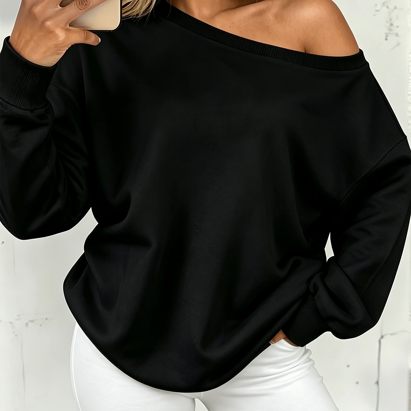 TEMU Plus Size, Women's Autumn/winter Solid Color Loose Drop-shoulder Casual Sweatshirt, Versatile Outdoor Street Style Slouchy Off-shoulder Long