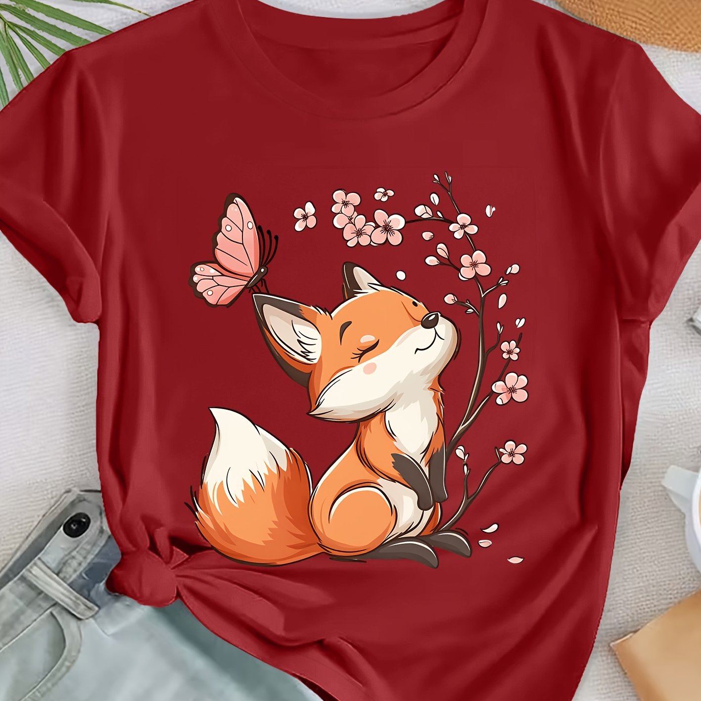 TEMU Women's Plus Size Cherry Fox & T-shirt - Loose Fit Short Sleeve Crew Neck Blouse-compatible Top For Spring Summer Casual Wear, Machine Washable