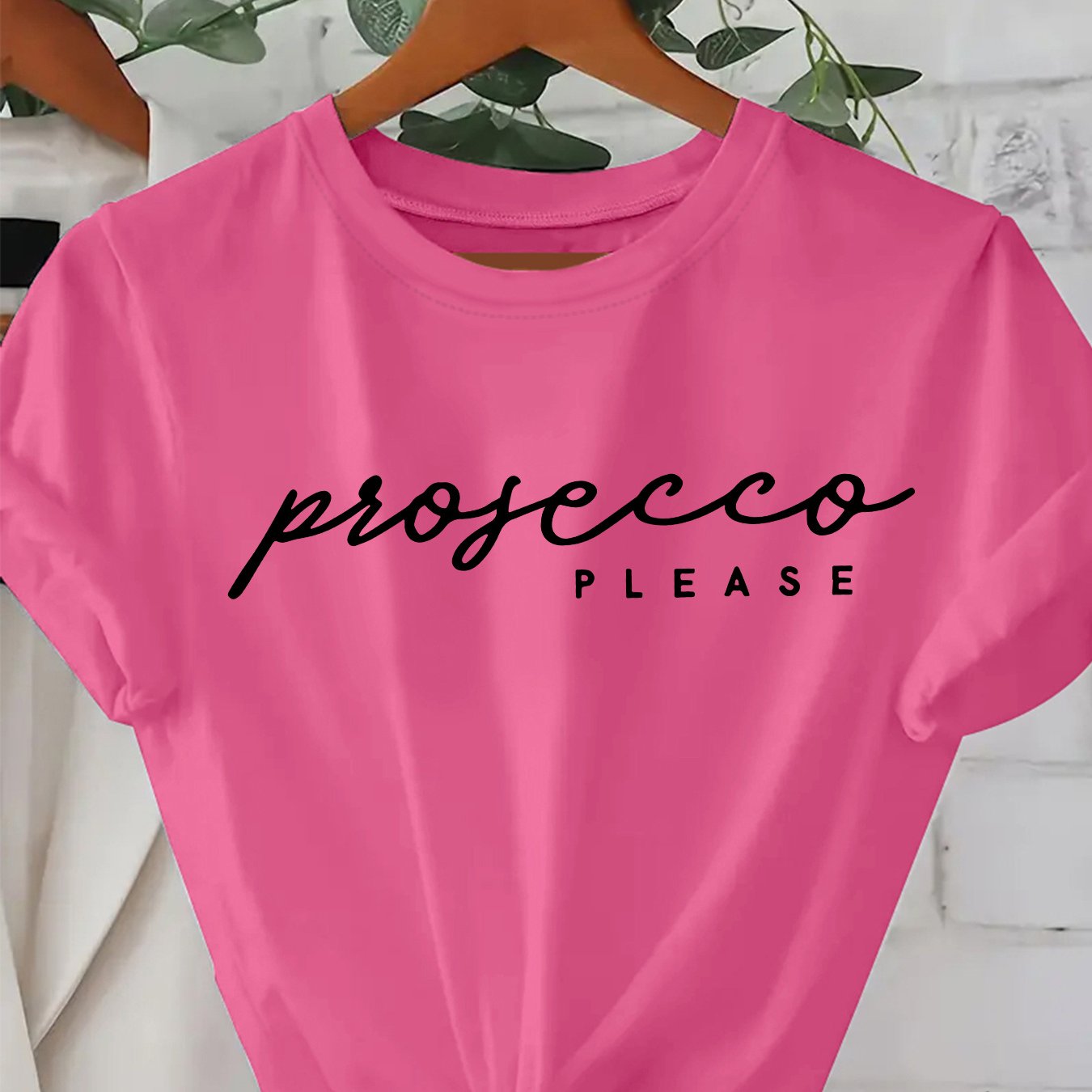 TEMU Women's "prosecco Please" Graphic Tee - Casual Black Crew Neck Short Sleeve Top, Polyester, , Summer Top|crew Neck Top|elastic Fabric