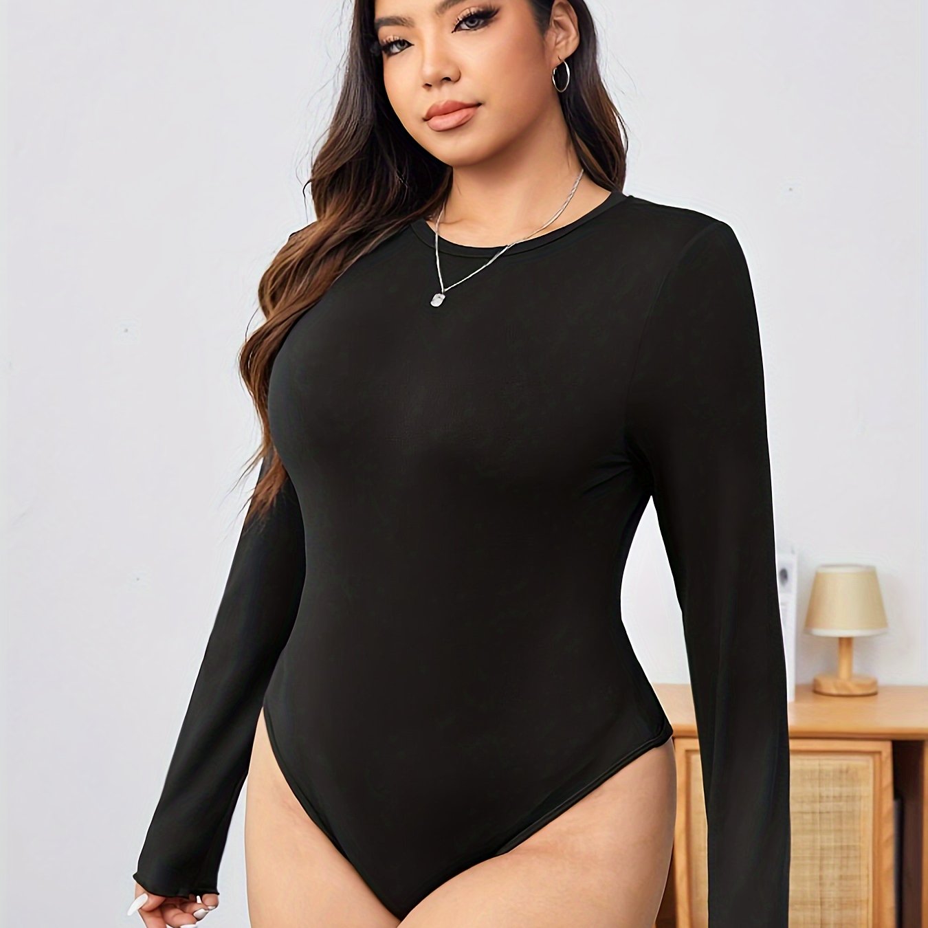 Women's Casual Bodysuit Plus Size Solid Long Sleeve Round - Temu