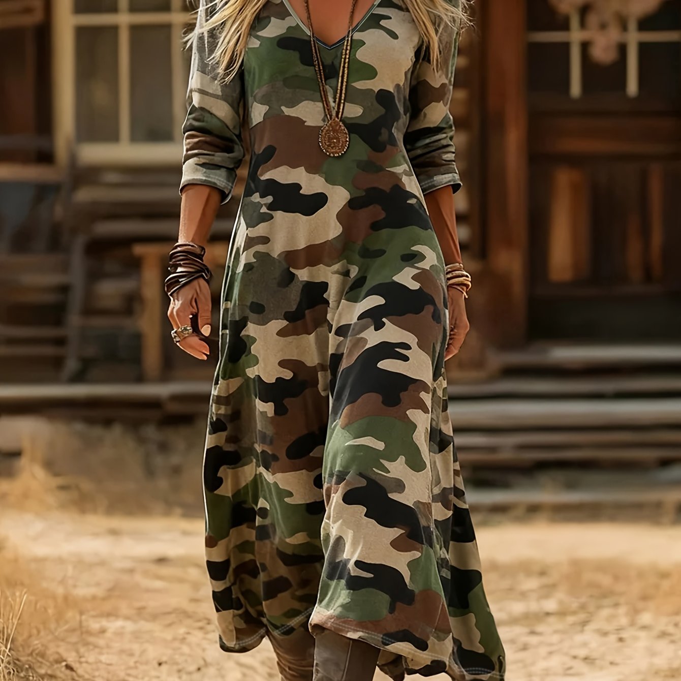Image of And Summer Women's Elegant Fashion Camouflage Printed V-neck Long-sleeved Dress, Bohemian Casual Dress, Soft And -friendly, The Perfect Wear , Summer And Autumn