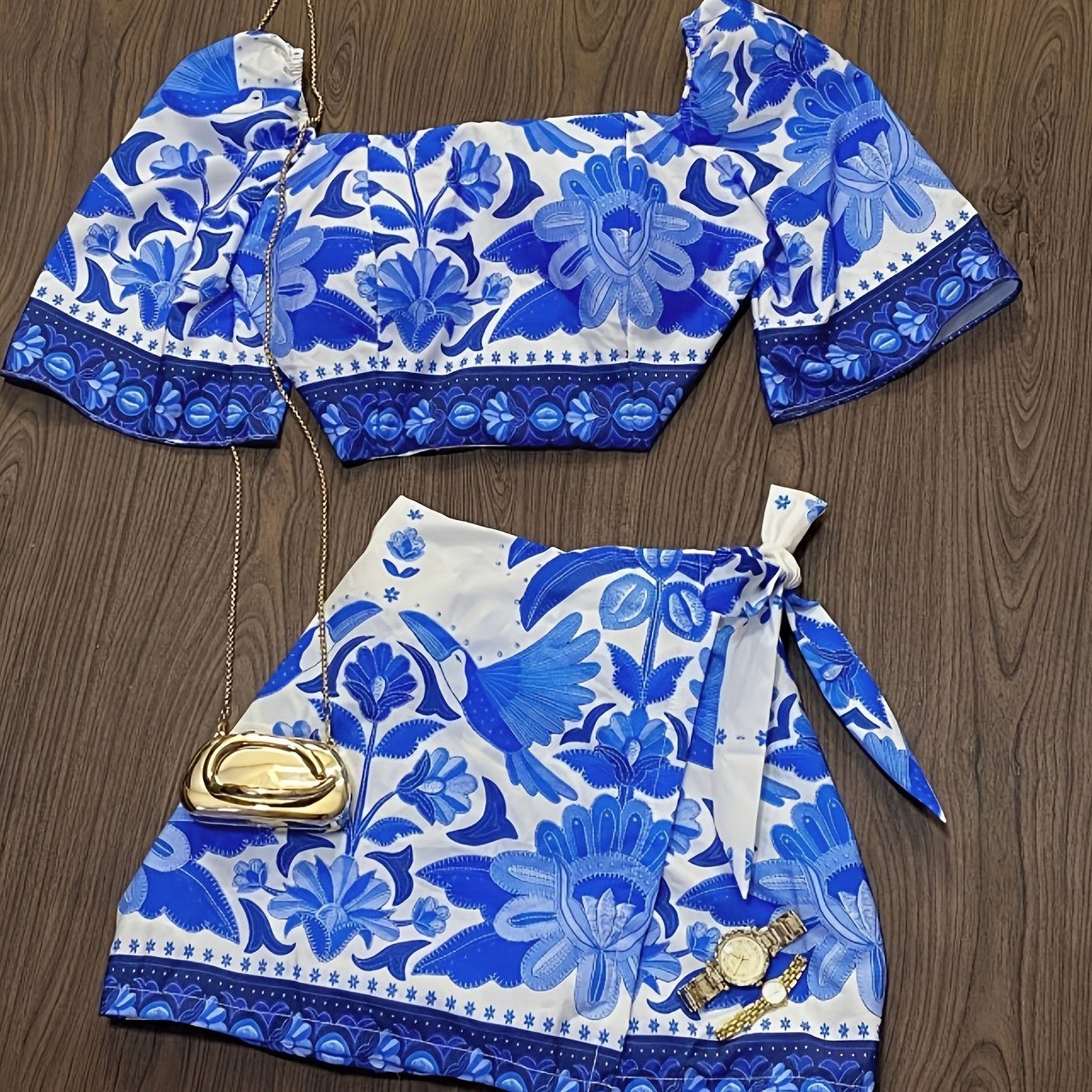 TEMU 2026 Spring/summer New Ethnic Print 2pcs Set, Top + Skort