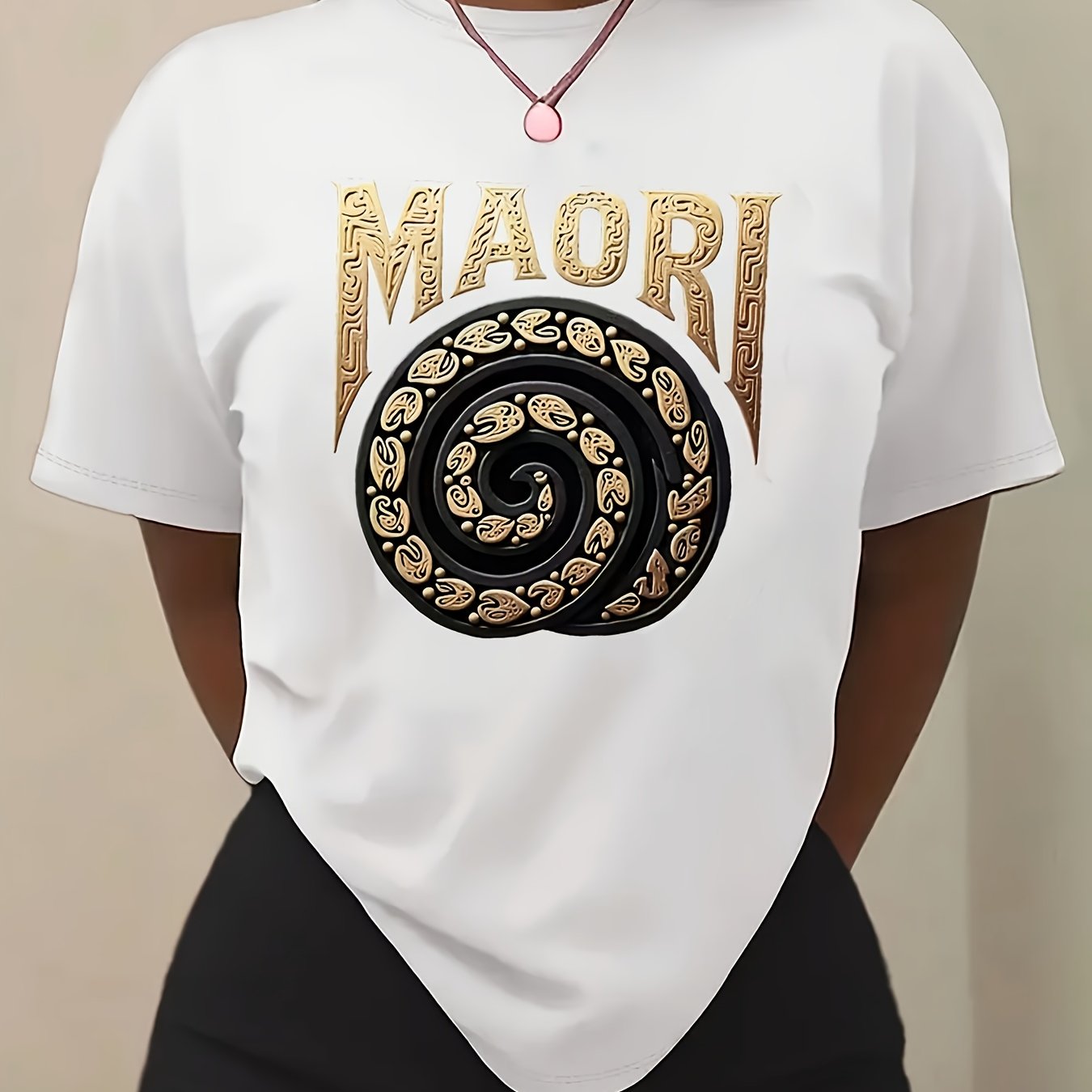 TEMU Women's Maori Print T-shirt - Short Sleeve Crew Neck Casual Top, Geometric Tribal Pattern, And Golden, Medium Elasticity, Machine Washable, ,