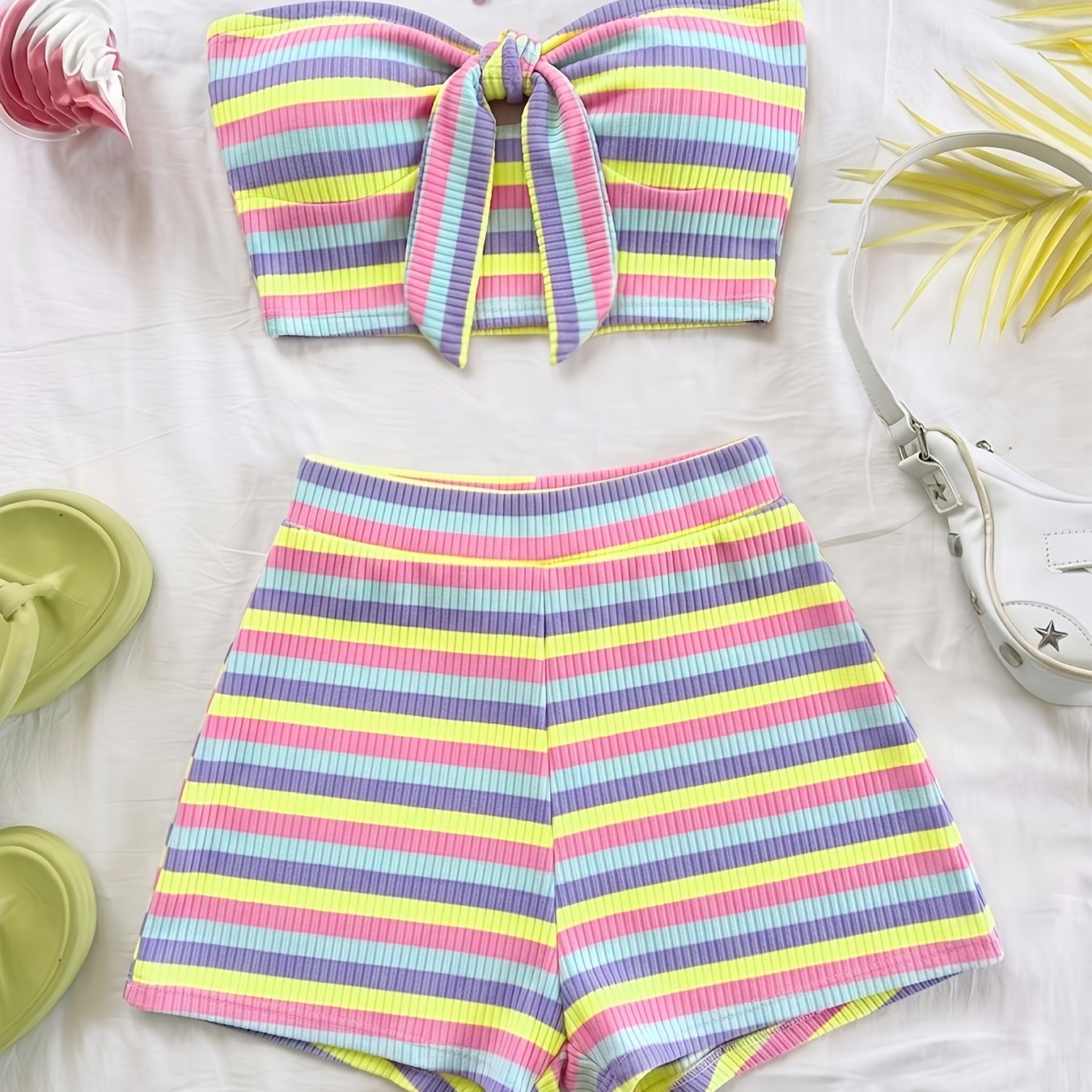 TEMU 2pcs Set: Colorful Striped Crop Top With Halter Neck And Bow, With Elastic Waist Shorts, New Year's Outfit, Winter Women's Clothing, New Year's