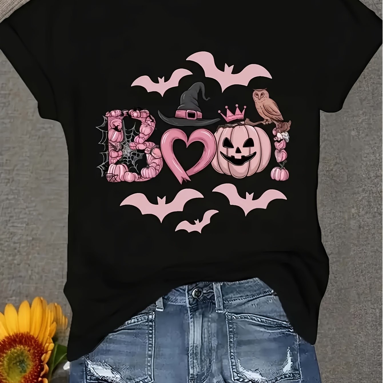 TEMU Women's For Halloween T-shirt With Pumpkin Hat And , Lightweight And Breathable, Black And Pink With Horror Patterns, Casual Round Neck Top,